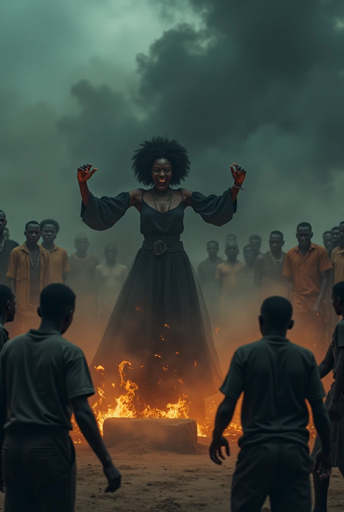 Create an image of a black woman possessed, her body writhing in torment. She has a third eye on her forehead, glowing a sinister blood-red. Her expression is one of anguish and fear, her eyes wide and pupils dilated. The background is dark and eerie, filled with shadows and faint, ghostly figures. Her hair is disheveled, and her clothing is torn, adding to the sense of chaos and possession