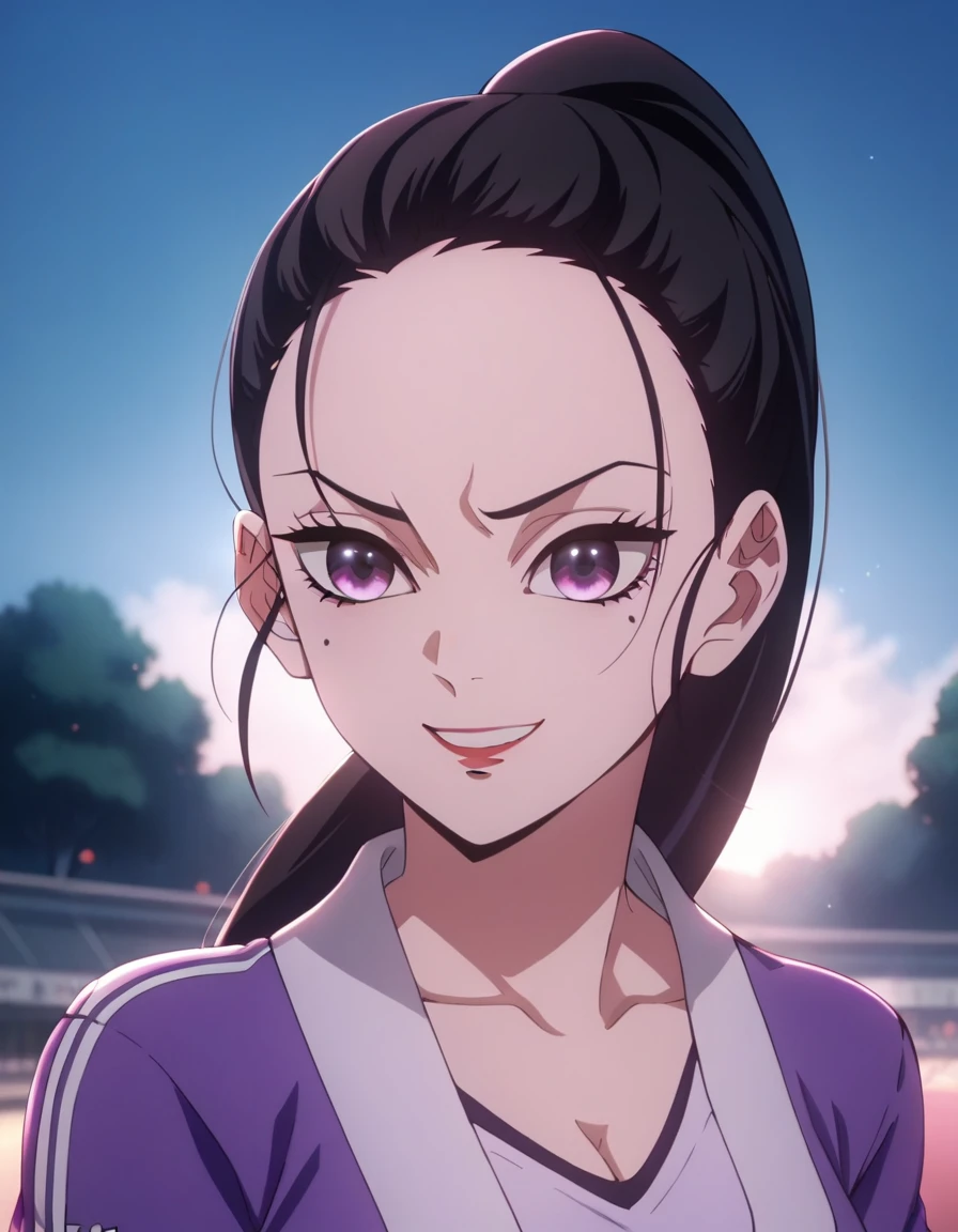 4k, front shot, h1nats0r0, black hair, 1girl, ponytail, long hair, purple eyes, wearing an Adidas tracksuit in light NAVY, city background with soft lighting, and a frontal view to highlight the tracksuit and she smile, determined expression, anime movie screengrab