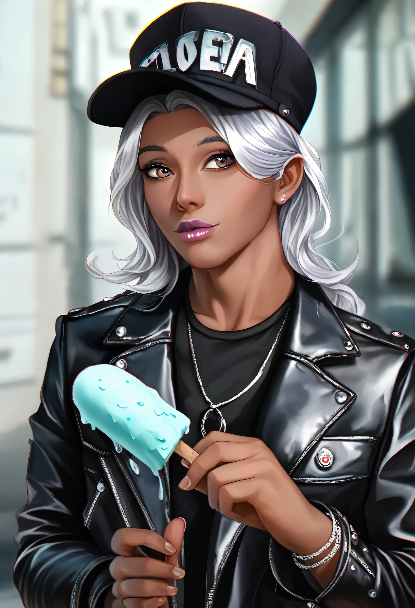 Handsome young man wearing a leather jacket, Wear a hat, Have silver hair, Holding ice cream, Disheveled silver hair, Handsome, (8K, RAW photos, Reality:1.25) ,( Lip Gloss, eyelash, man, Glossy surface, Smooth skin, Dark Skin, Dark Breath, male, best quality, Ultra-high resolution, young man, Depth of Field, Chromatic Aberration, Caustics, Broad lighting, Natural shade,Korean Idol) Looking at the audience with a peaceful and sacred happiness,\",\"width