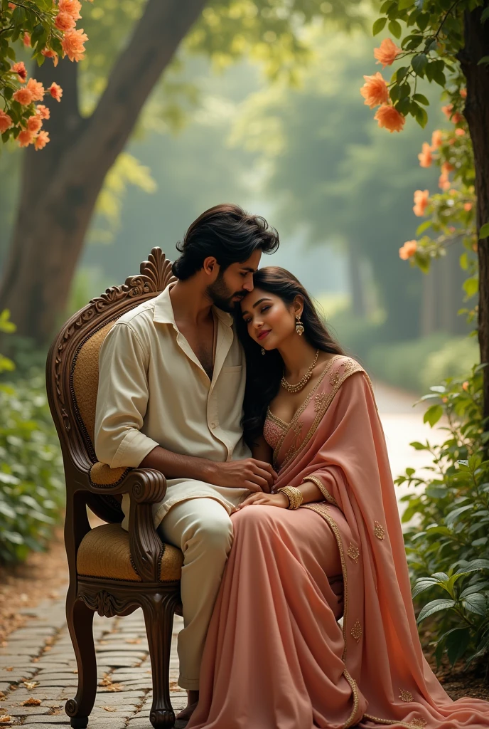 a serene and majestic sitting close up man rest in garden,beautiful girl head holding man chest,girl age 20 years,man age 21 years,girl wearing lavender smooth silk transparent sari,indian golden gemstone silver armament,hair like queen,man ash blue holding flute silver color,few dust small white amber blue day sky,photorealistic,8k,highres,masterpiece,ultra-detailed,physically-based rendering,extremely detailed eyes and face,extremely detailed skin,beautiful detailed eyes,beautiful detailed lips,longeyelashes,hyperrealistic,cinematic lighting,dramatic chiaroscuro,dramatic lighting,dramatic color palette,warm color tones