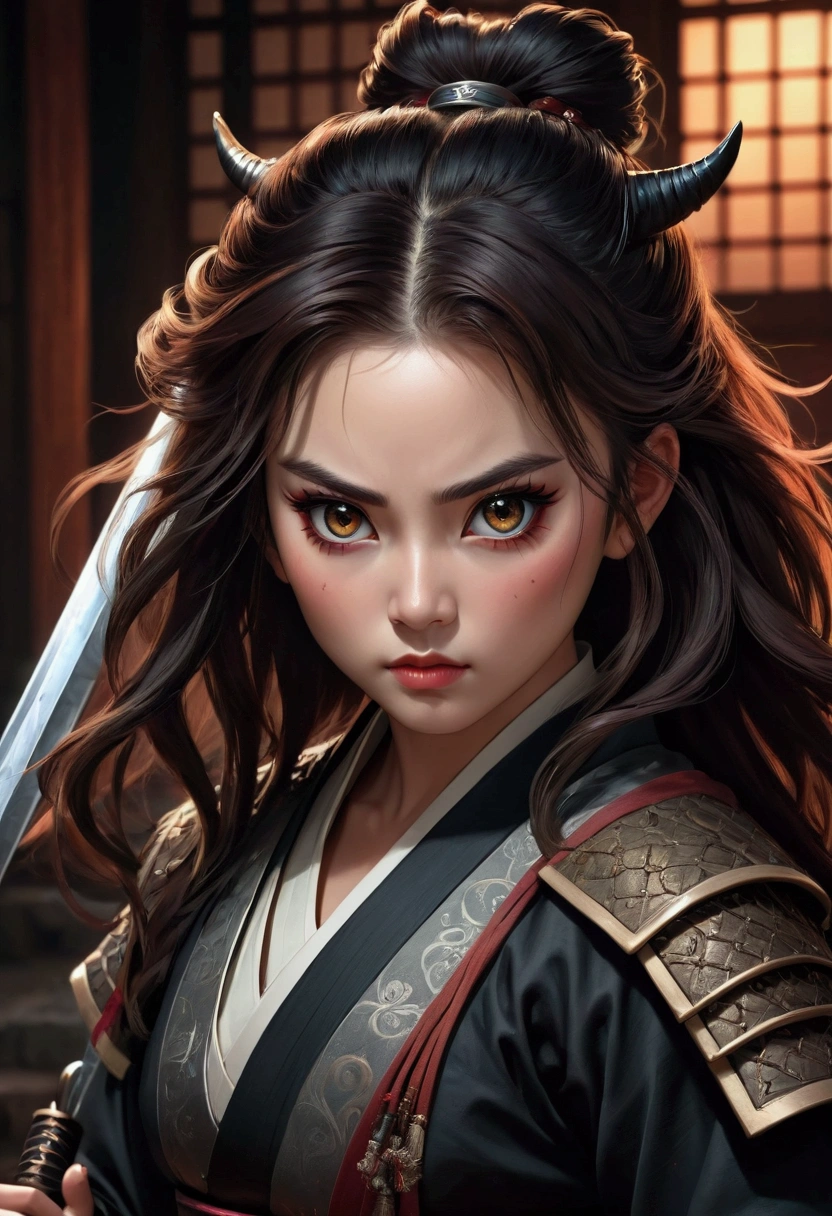 a female demon slayer, beautiful detailed eyes, beautiful detailed lips, extremely detailed face, long eyelashes, young girl, cute expression, beautiful hair, demon slayer outfit, samurai sword, detailed fantasy background, dark moody lighting, dramatic cinematic lighting, highly detailed, 8k, photo-realistic, digital painting, concept art style