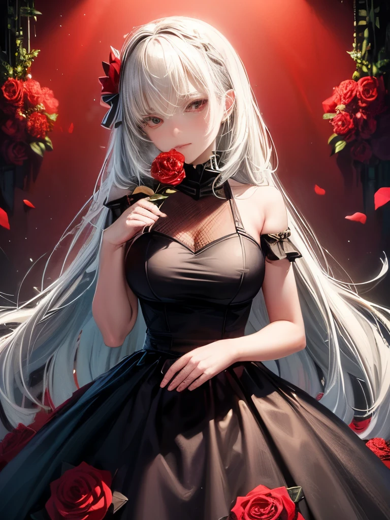 (Highest quality, masterpiece), (One girl, alone, Black Dress, Standing , Make eye contact, Gray Hair, Red eyes, Holding roses, Mouth closed, Upper Body), (Background of roses all over, Red flower, )
