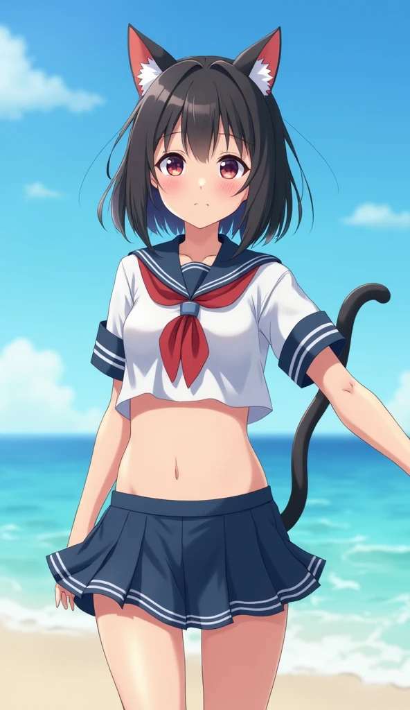 sm1, necktie, red hair, hair ribbon, masterpiece, best quality, highres, 1girl, solo, fang, skin fang, short hair, (mole on thigh:0.8), bangs, hair behind ear, purple eyes, hair ornament, open mouth, beach, smile, squatting, small chest, short height, , flat chest, small, cleavage, ((bare shoulder)), exposed, loose shirt, navel, presenting armpit