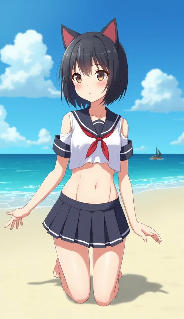 best quality, masterpiece, ultra detailed, highres, 8k, extremely detailed CG, super detailed skin, detailed beautiful face and eyes, highly detailed background,blush, bare upper body, breasts, dark blue micro skirt, no panties, small breasts, erect nipples, medium bob, brownish black hair, light blue eyes, open mouth, after sex, the wind blew skirt up, pleated skirt, navel, no bra, looking at viewer, on the roof, standing, spread legs,full body, cum in pussy, cum on breasts, stick out one's breast, barefoot, blue sky,