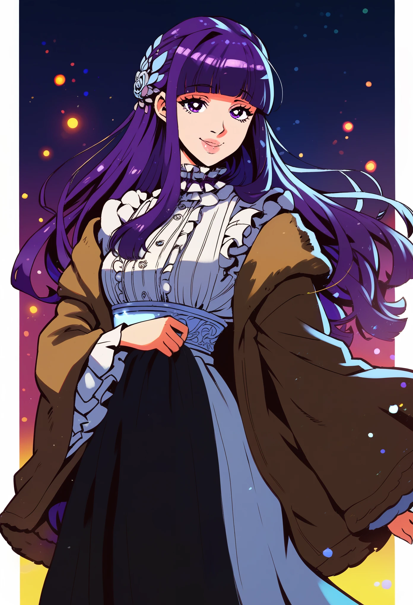 Masterpiece, best quality, score_9, score_8_up, score_7_up, score_6_up, hds style, cel shading, linear hatching, 1girl,solo,purple hair,long hair,purple eyes,blunt bangs,sidelocks,half updo,bright pupils, hair ornament,frilled collar,black robe,white dress,center frills,buttons,wide sleeves,long sleeves,curvy,cowboy shot,brown coat,from side,smile,, Exquisite visuals, high-definition,masterpiece,best quality,, 20yo,Young female,Beautiful Finger,Beautiful long legs,Beautiful body,Beautiful Nose,Beautiful character design, perfect eyes, perfect face,expressive eyes, looking at viewer, official art,extremely detailed CG unity 8k wallpaper, perfect lighting,Colorful, Bright_Front_face_Lighting,shiny skin, (masterpiece:1.0),(best_quality:1.0), ultra high res,4K,ultra-detailed, photography, 8K, HDR, highres, absurdres:1.2, Kodak portra 400, film grain, blurry background, bokeh:1.2, lens flare, (vibrant_color:1.2), (beautiful_face:1.5),(narrow_waist),
