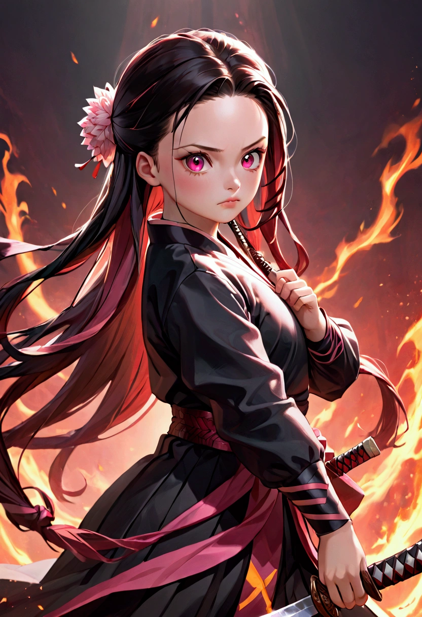 realistic demon slayer nezuko, 1girl, detailed face, beautiful detailed eyes, beautiful detailed lips, extremely detailed face, detailed hair, long hair, demon, slayer uniform, sword, red eyes, pink hair, standing pose, detailed background, cinematic lighting, dark fantasy, digital painting, highly detailed, 8k, photorealistic