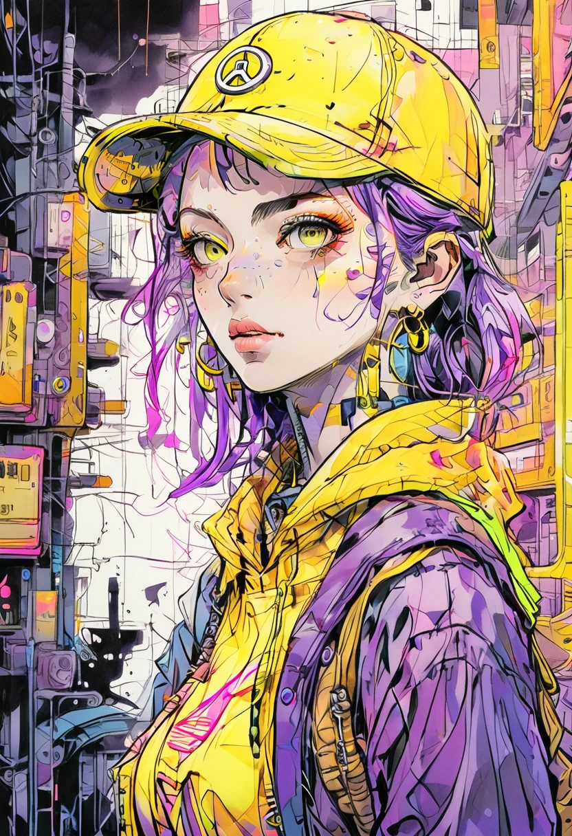 (Highest quality:0.8), (Highest quality:0.8), Perfect illustration((masterpiece, Highest quality)),Perfect illustration, One girl,alone,colorful,Yellow Eyes,Cyberpunk,city,Peace sign,Earrings,Purple Hair,Eye patch,freckles,Prosthesis,【mechanic,neon,Beautiful lighting,Purple Reflection,cap,smoking,Character Focus,CG illustration,Bust Shot,Yellow and black costume,Black Hair,