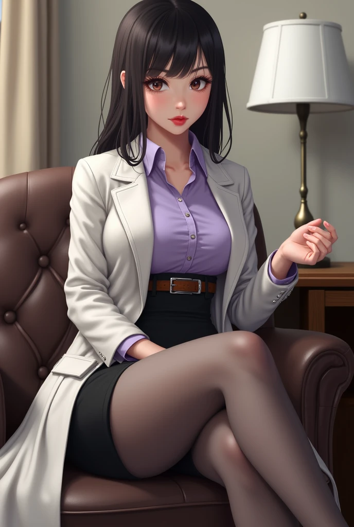 Deep V, professional attire, office, boss chair, high heels, black silk, long black hair, clothes untied, blushing, HD --auto --s2