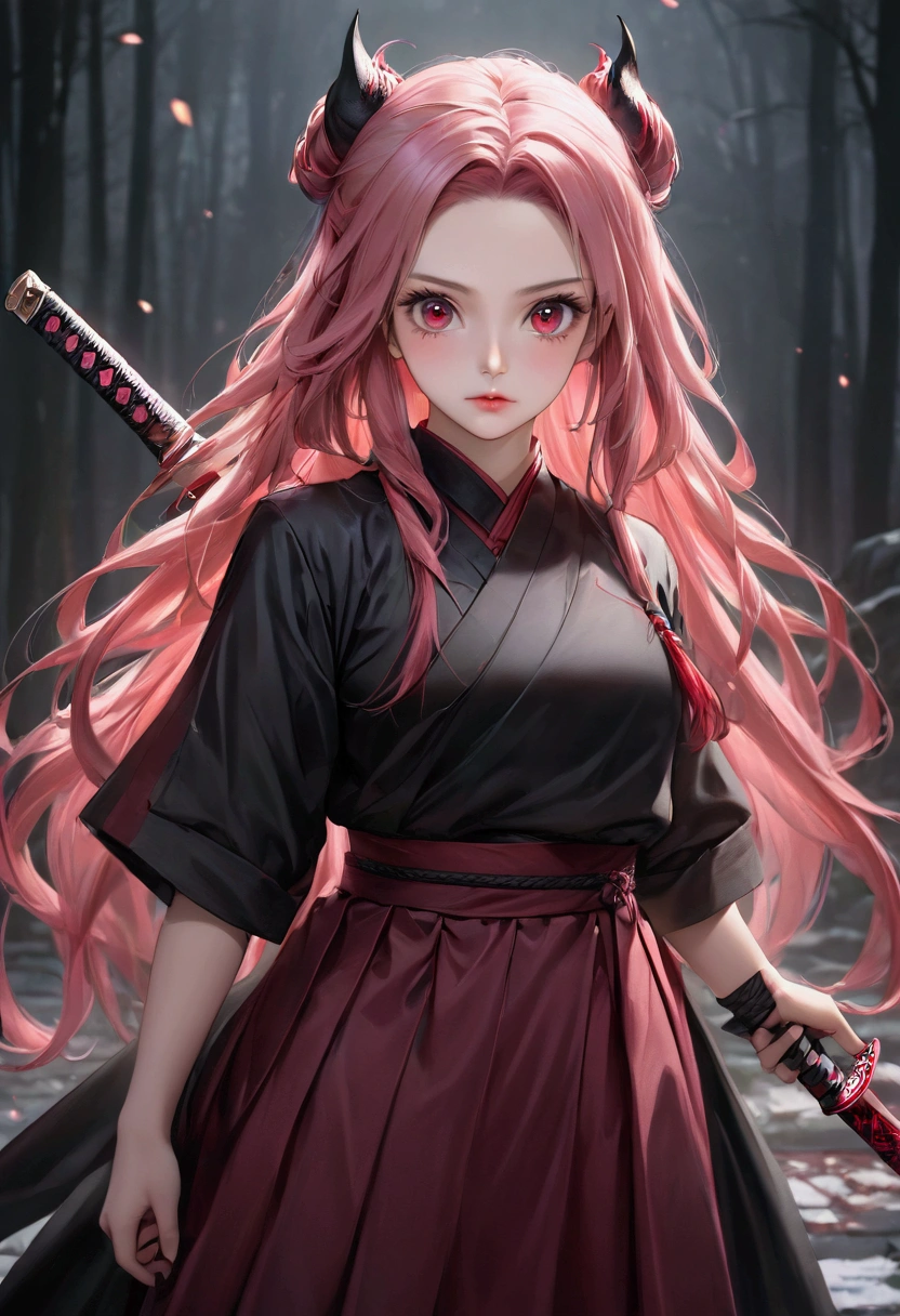 realistic demon slayer nezuko, 1girl, detailed face, beautiful detailed eyes, beautiful detailed lips, extremely detailed face, detailed hair, long hair, demon, slayer uniform, sword, red eyes, pink hair, standing pose, detailed background, cinematic lighting, dark fantasy, digital painting, highly detailed, 8k, photorealistic