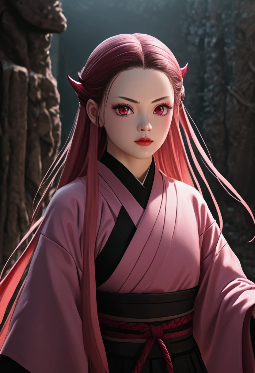 realistic demon slayer nezuko, 1girl, detailed face, beautiful detailed eyes, beautiful detailed lips, extremely detailed face, detailed hair, long hair, demon, slayer uniform, sword, red eyes, pink hair, standing pose, detailed background, cinematic lighting, dark fantasy, digital painting, highly detailed, 8k, photorealistic