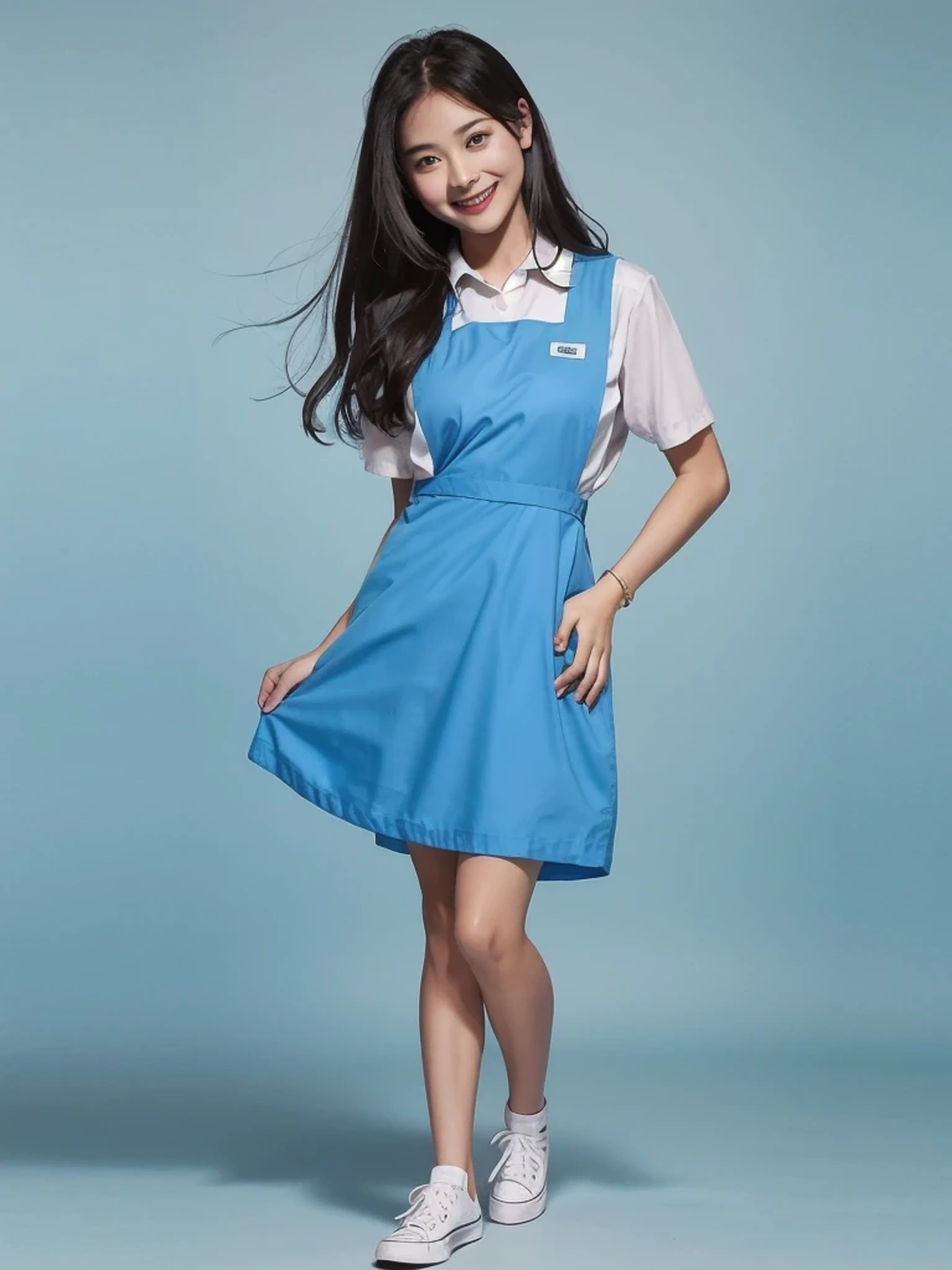 1girl with cute face smiling and black hair, model posing, standing, wearing white shirt, below-the-knee pinafore , (light blue uniform:1.2), "black shoes", white background, morning, full body, (masterpiece, top quality, best quality, official art, beautiful and aesthetic:1.2)