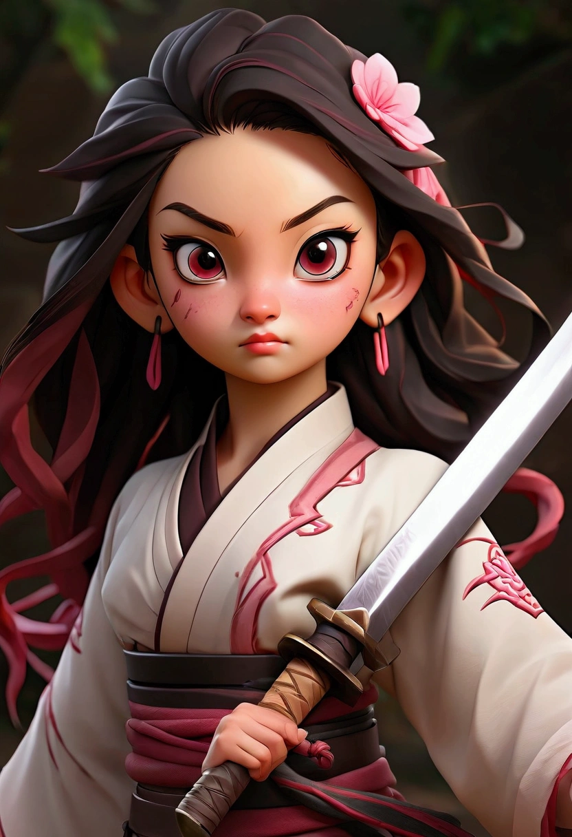 realistic demon slayer nezuko, 1girl, detailed face, beautiful detailed eyes, beautiful detailed lips, extremely detailed face, detailed hair, long hair, demon, slayer uniform, sword, red eyes, pink hair, standing pose, detailed background, cinematic lighting, dark fantasy, digital painting, highly detailed, 8k, photorealistic