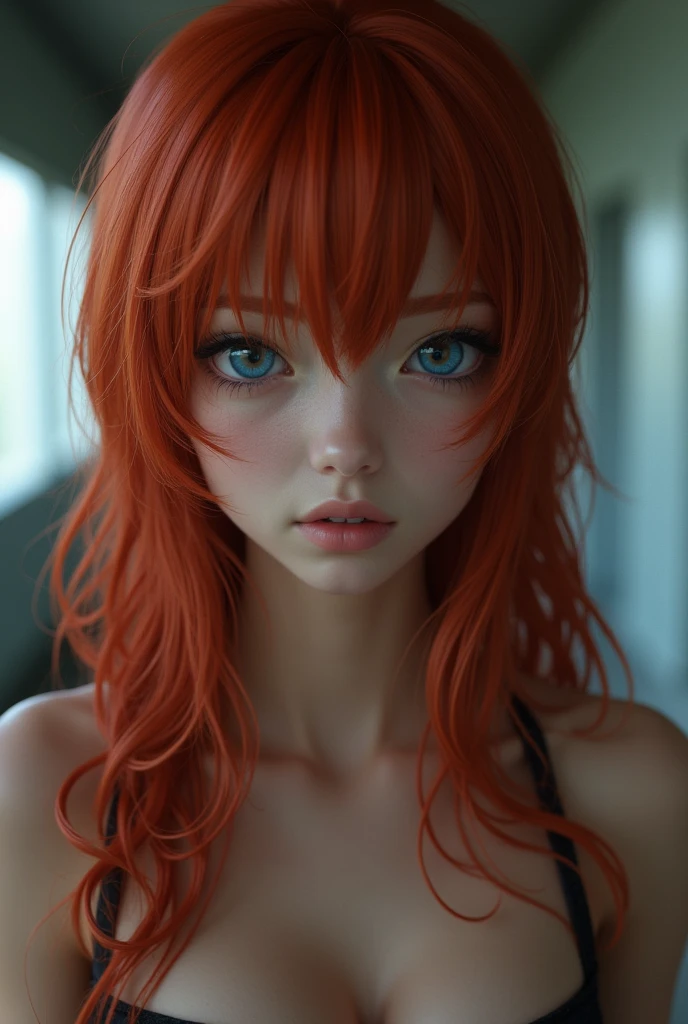 (1girl nude , 18 year olds),little breasts, breasts,white female, red hair, blue eyes tan, dewy skin, sweaty skin, wavy blonde hair, beauty, ultra-realistic, ultra lifelike, 4k, unreal engine, film grain, perfect face, picture taken from above, tongue poke, dribbling, squatting
