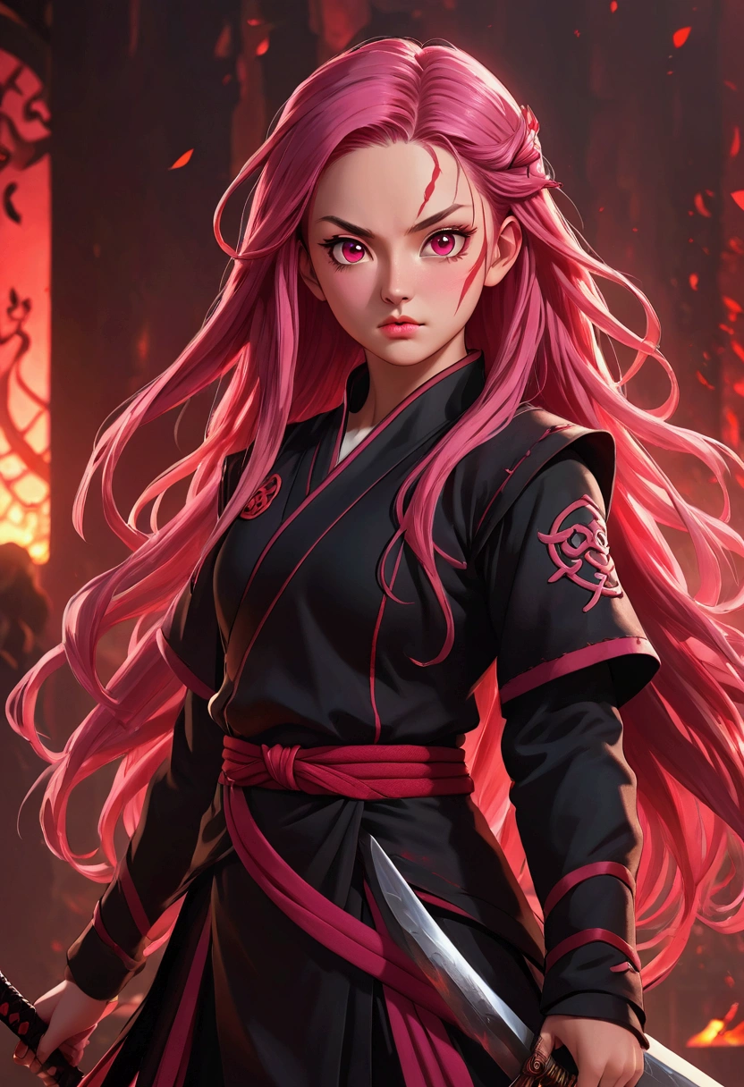 realistic demon slayer nezuko, 1girl, detailed face, beautiful detailed eyes, beautiful detailed lips, extremely detailed face, detailed hair, long hair, demon, slayer uniform, sword, red eyes, pink hair, standing pose, detailed background, cinematic lighting, dark fantasy, digital painting, highly detailed, 8k, photorealistic