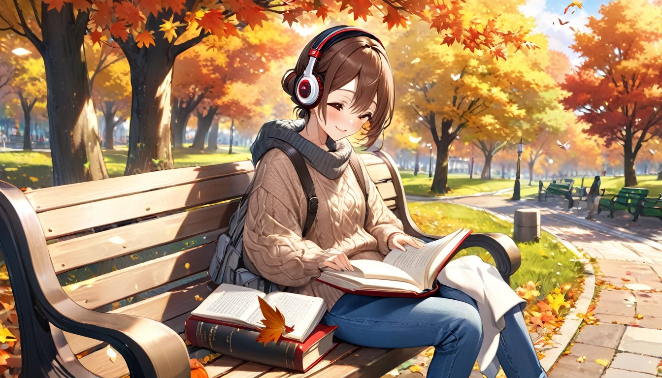 best quality, masterpiece, nice hands, perfect hands, <lora:MikuNakano:1>, Miku, smile, small breasts, Blue Cardigan, sitting under a tree, reading a book, <lora:add_detail:1>, detailed skin texture, (blush:0.5), (goosebumps:0.5), subsurface scattering