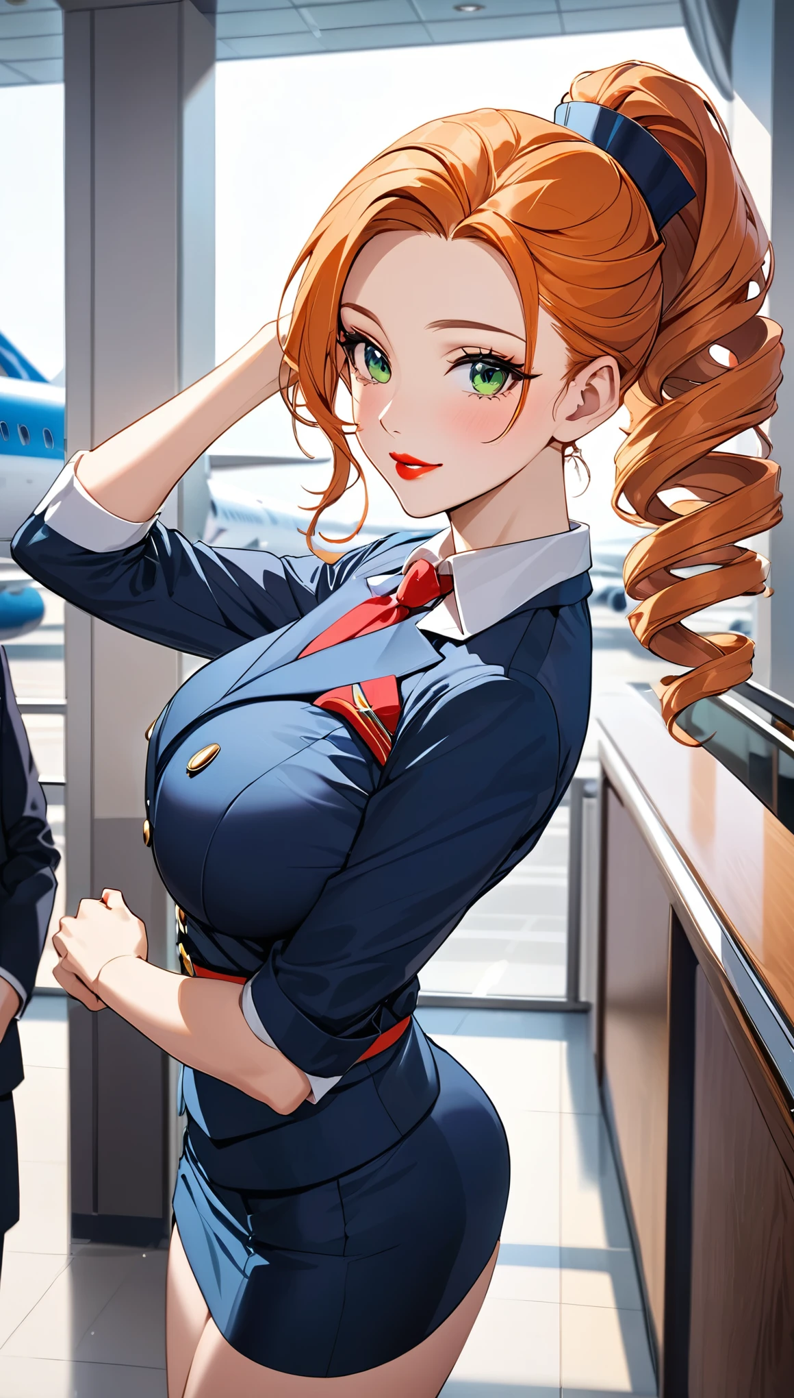(masterpiece, best quality:1.4), ultra-detailed, finely detailed, intricate details, smooth lighting, (depth of field, cowboy shot), realistic, perfect female form, flirty, teasing, stewardess, standing, (perfect face, detailed face), pink lips, glossy lips, eyeliner, blush, makeup, (expressive eyes), (red hair, curly hair), (natural breasts, cleavage), curvy body, enchanting smile, (stewardess uniform, leotard, bare legs), (pilot cap), (airport, lounge), belt, matching boots, diffraction spikes, light particles, powering up, glow, full body shot
