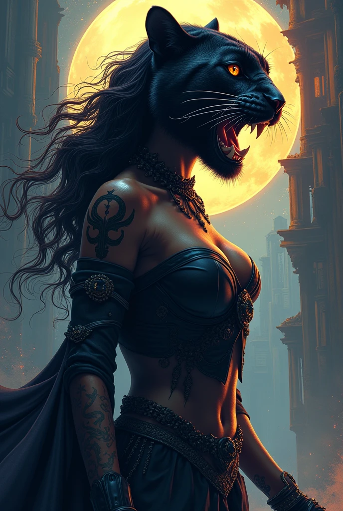 Highly detailed images,masterpiece,Best Quality,Ultimate realism with attention to detail,A beast emerging from the darkness,In a very wicked city in the 60s,Lion with thick black fur,Sharp red eyes that glow in the dark,A dark, throaty growl,Preparing for Attack,The right profile,Waxed Mouth,Glare,Fur and body scars and signs of pack fighting,Ancestor pendant worn around the neck,Metal parts