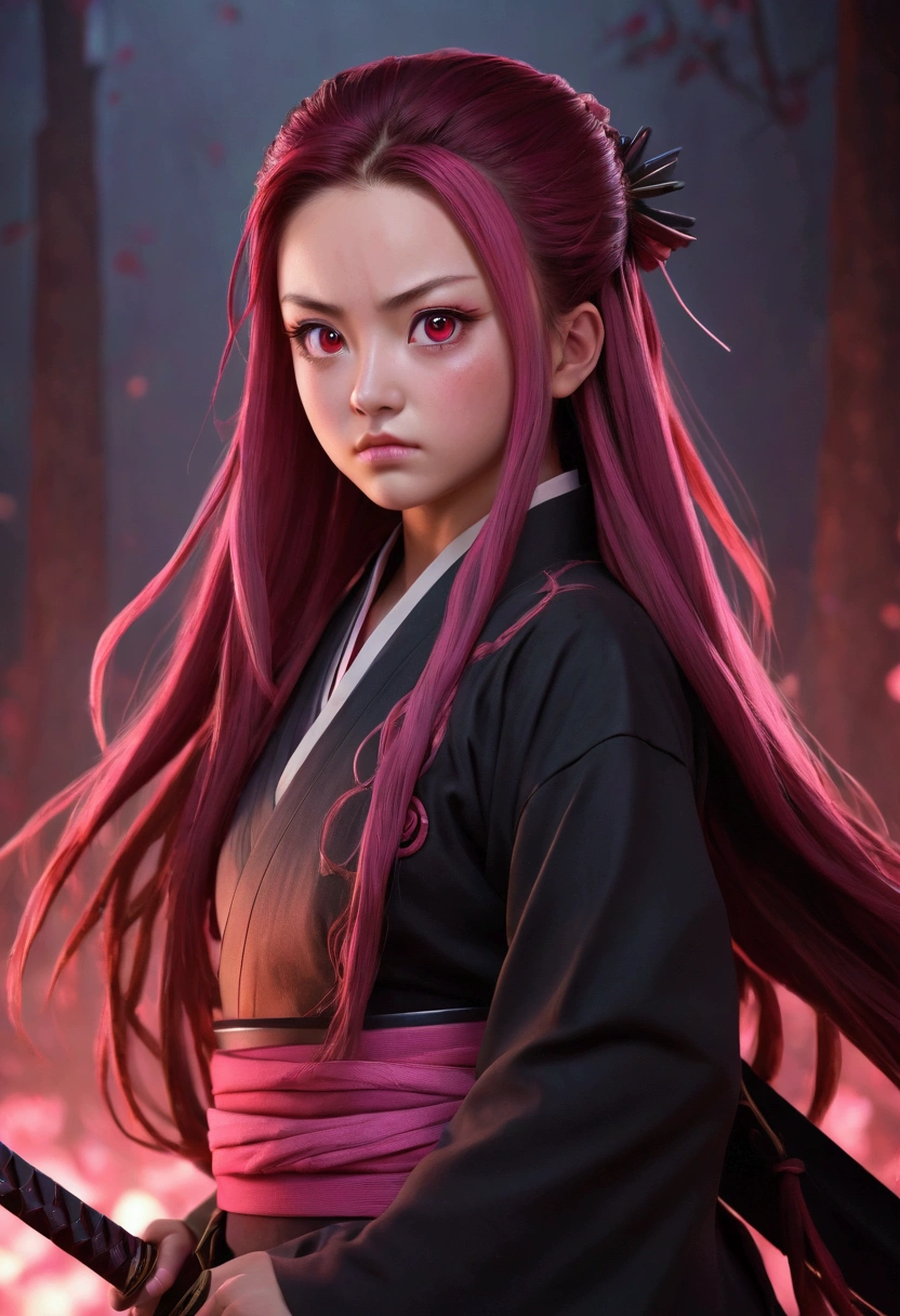 realistic demon slayer nezuko, 1girl, detailed face, beautiful detailed eyes, beautiful detailed lips, extremely detailed face, detailed hair, long hair, demon, slayer uniform, sword, red eyes, pink hair, standing pose, detailed background, cinematic lighting, dark fantasy, digital painting, highly detailed, 8k, photorealistic