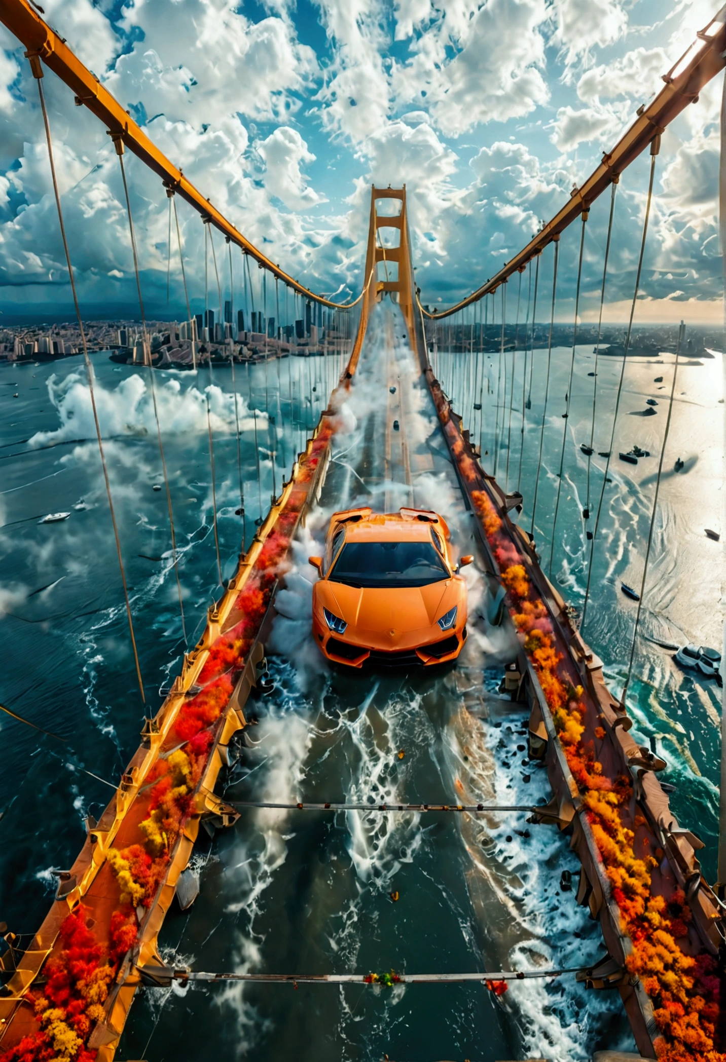 A car(Lamborghini sayan colour) drive on a long and big golden bridge, white clouds, city , bridge on the sea, wallpaper (high details, HD+4k quality, master peace, bright and saturated colour), drone view from the sky, a big city,