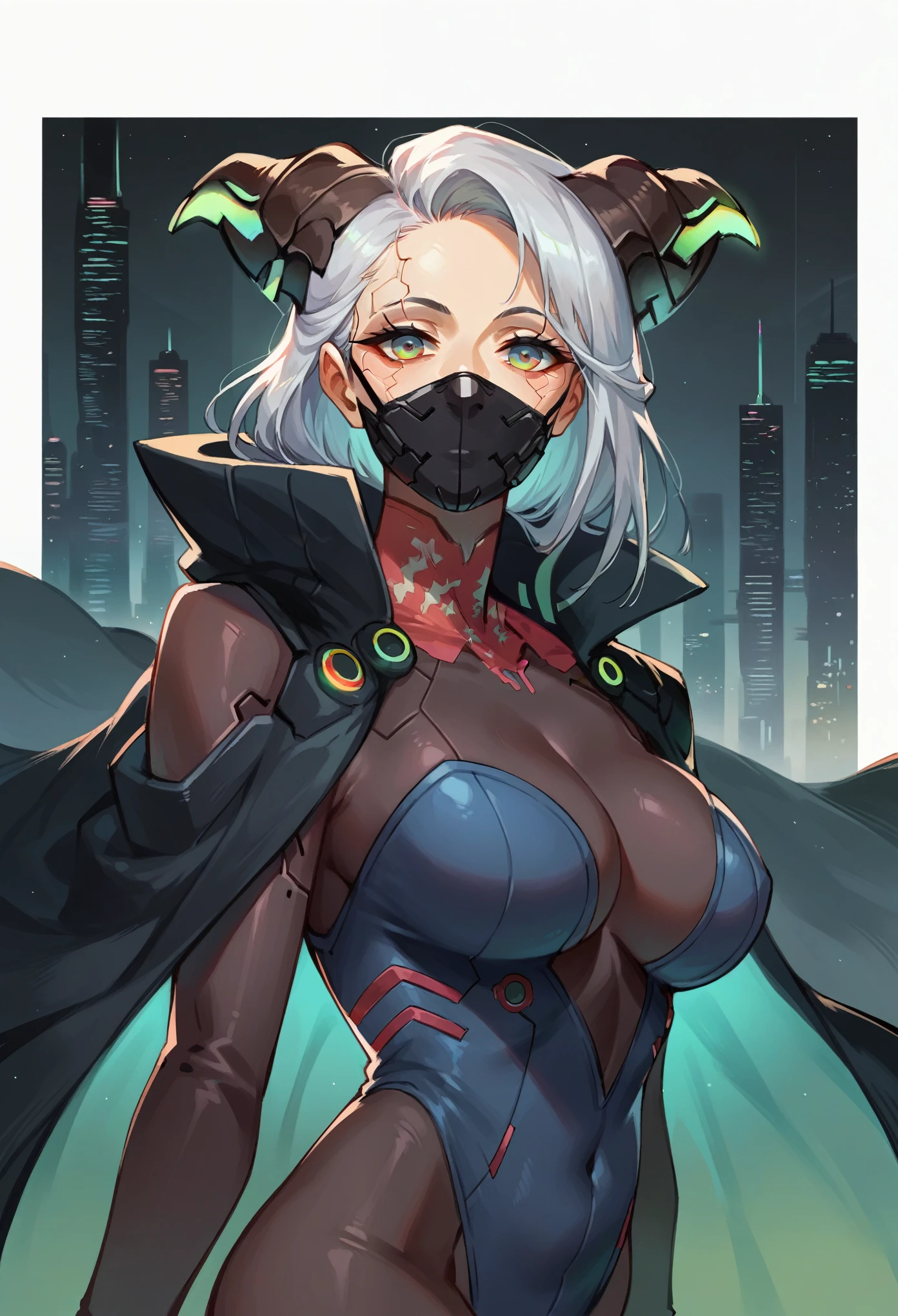 score_9, score_8_up, score_7_up, score_6_up, score_5_up, score_4_up, BREAK, Beautiful woman, absurdity, cyberpunk city skyline background, Highly detailed face and skin texture, tight bodysuit, face mask, silver hair, cloak, big horns, head tilted back, yandere, big breast, sideview, looking at the viewer