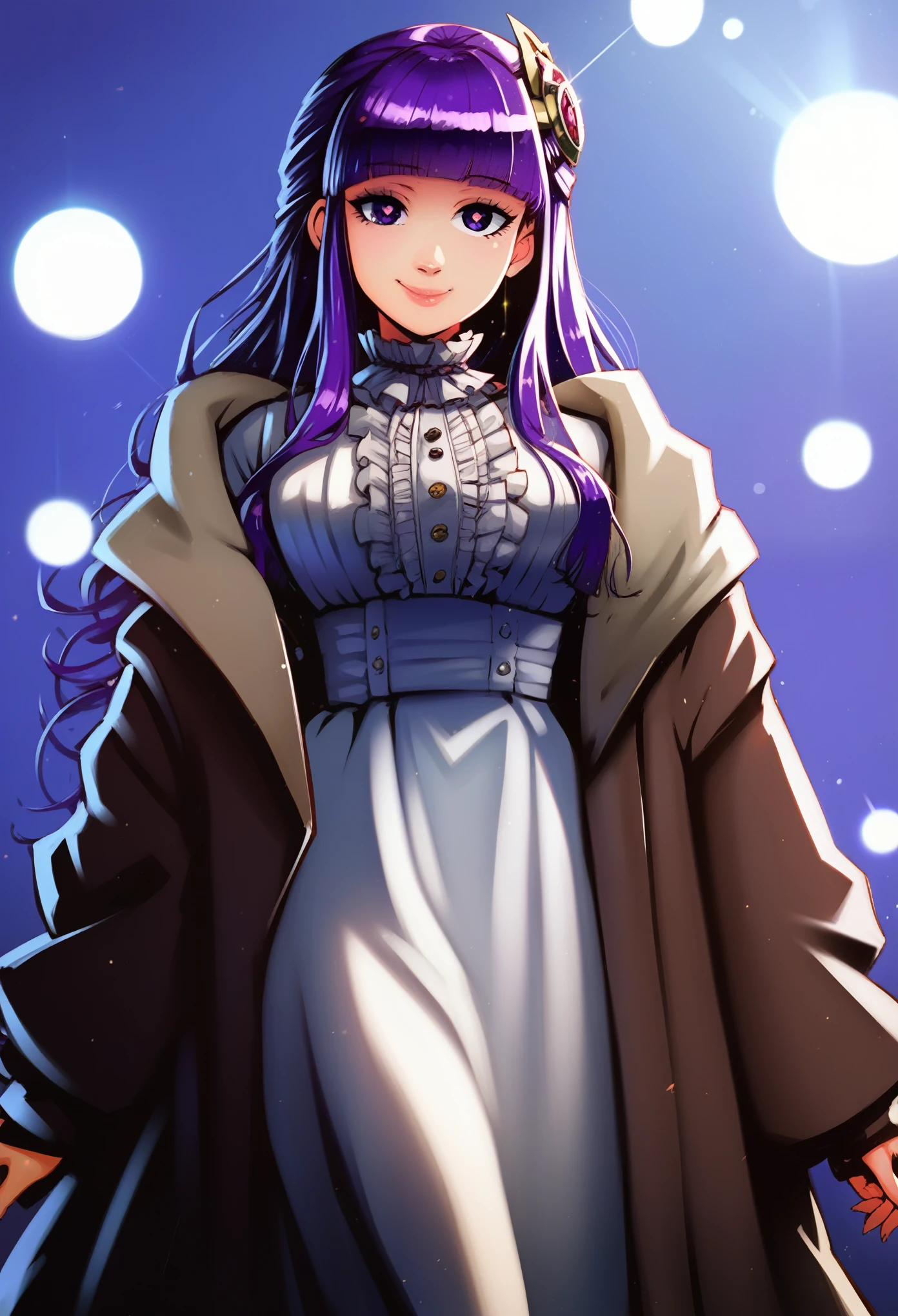 Masterpiece, best quality, score_9, score_8_up, score_7_up, score_6_up, hds style, cel shading, linear hatching, 1girl,solo,purple hair,long hair,purple eyes,blunt bangs,sidelocks,half updo,bright pupils, hair ornament,frilled collar,black robe,white dress,center frills,buttons,wide sleeves,long sleeves,curvy,cowboy shot,brown coat,from side,smile,, Exquisite visuals, high-definition,masterpiece,best quality,, 20yo,Young female,Beautiful Finger,Beautiful long legs,Beautiful body,Beautiful Nose,Beautiful character design, perfect eyes, perfect face,expressive eyes, looking at viewer, official art,extremely detailed CG unity 8k wallpaper, perfect lighting,Colorful, Bright_Front_face_Lighting,shiny skin, (masterpiece:1.0),(best_quality:1.0), ultra high res,4K,ultra-detailed, photography, 8K, HDR, highres, absurdres:1.2, Kodak portra 400, film grain, blurry background, bokeh:1.2, lens flare, (vibrant_color:1.2), (beautiful_face:1.5),(narrow_waist),
