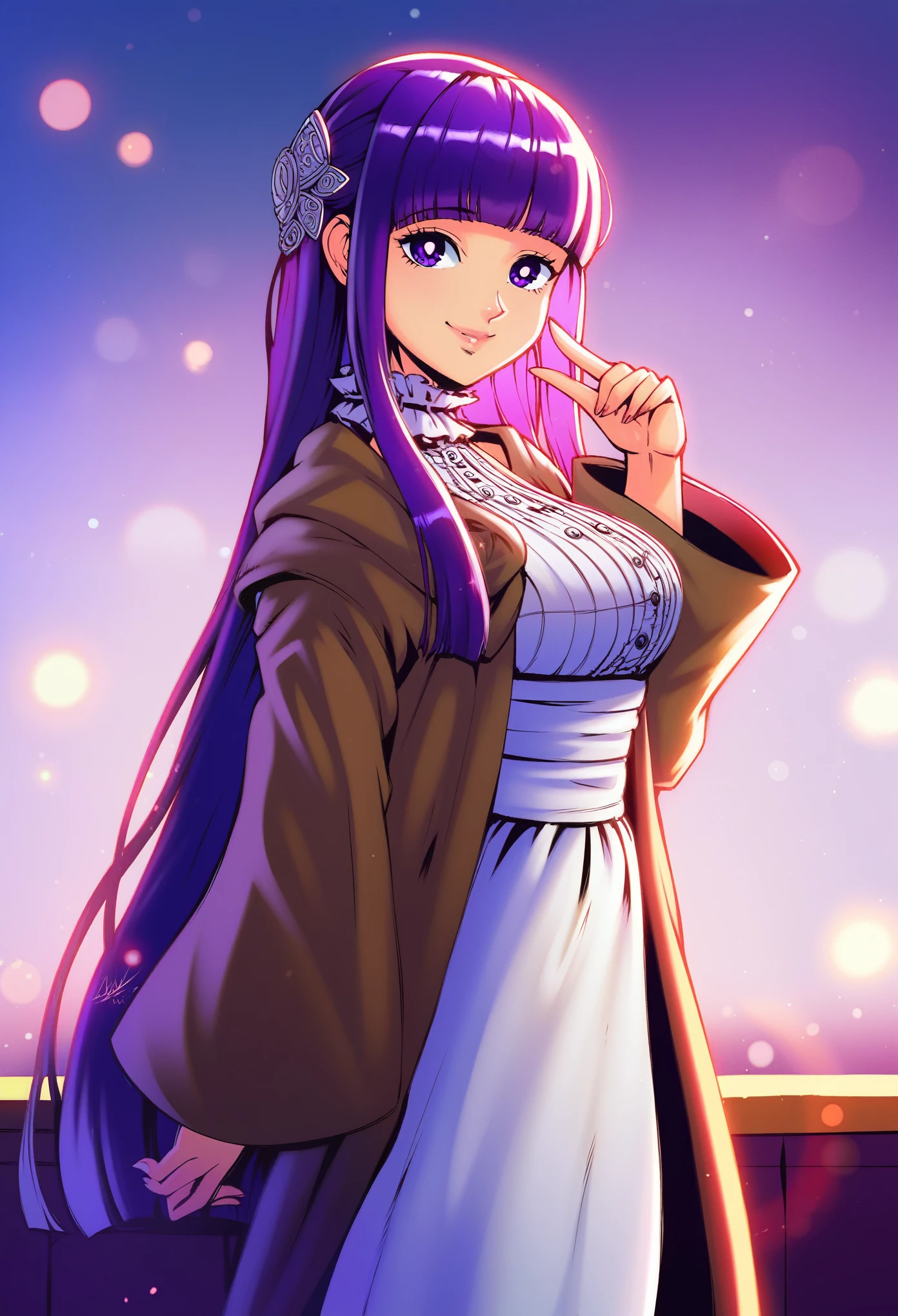 Masterpiece, best quality, score_9, score_8_up, score_7_up, score_6_up, hds style, cel shading, linear hatching, 1girl,solo,purple hair,long hair,purple eyes,blunt bangs,sidelocks,half updo,bright pupils, hair ornament,frilled collar,black robe,white dress,center frills,buttons,wide sleeves,long sleeves,curvy,cowboy shot,brown coat,from side,smile,, Exquisite visuals, high-definition,masterpiece,best quality,, 20yo,Young female,Beautiful Finger,Beautiful long legs,Beautiful body,Beautiful Nose,Beautiful character design, perfect eyes, perfect face,expressive eyes, looking at viewer, official art,extremely detailed CG unity 8k wallpaper, perfect lighting,Colorful, Bright_Front_face_Lighting,shiny skin, (masterpiece:1.0),(best_quality:1.0), ultra high res,4K,ultra-detailed, photography, 8K, HDR, highres, absurdres:1.2, Kodak portra 400, film grain, blurry background, bokeh:1.2, lens flare, (vibrant_color:1.2), (beautiful_face:1.5),(narrow_waist),