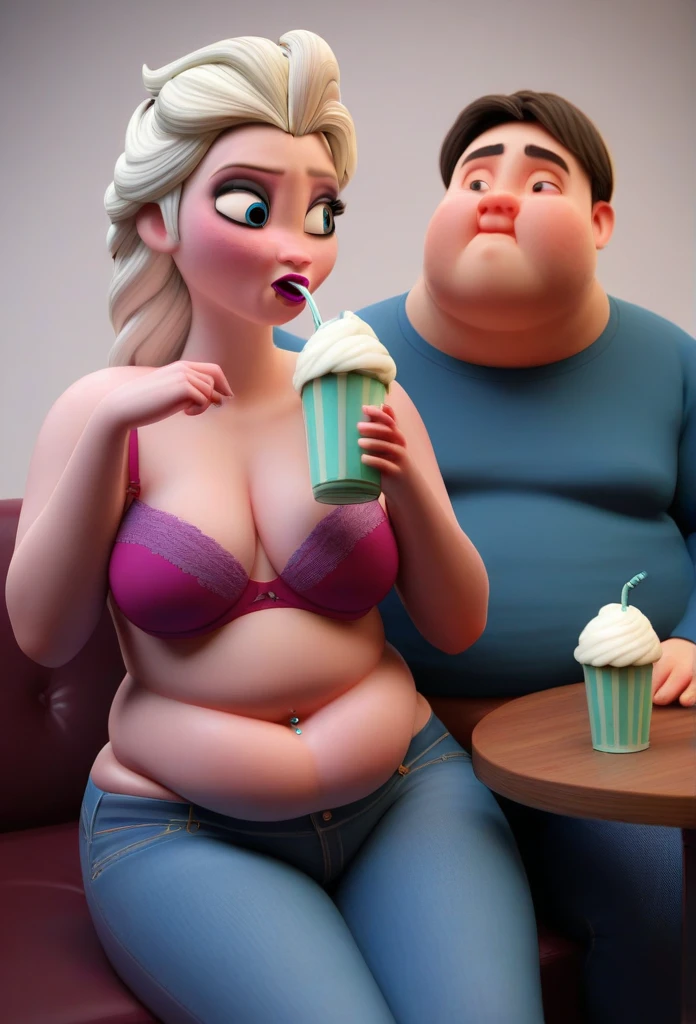 (( 3D, a slim and short Feeder Man,a Feeder Man pinching elsa's cheeks,A Man pinching and  touching Elsa's Belly )) , jeans_pull,Tall ,slim faced Surprised Elsa, fed by a man, gained weight,  elsa hands resting on belly,Sitting across table fed by a man with sweets, Drinking a Huge Gallon Bottled of MilkShake, literally gained a plump belly, Fat Rolls, pudge, jeans_pull under the hips, unprominent Vertical stretch marks,fullbodyimage,Raised Eyebrows, Plump body,navel piercing, poochbelly,sit on the couch,Pink Lipstick,jeans button popping,triangle body shaped,wearing a bra, slightly bending over front and looking back,3D