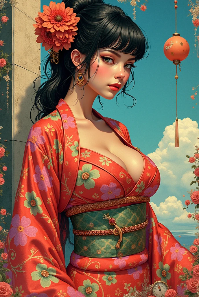 Split Color Hair、ichiro、 1girl in, Cowboy Shot、solo, blue eyess, A dark-haired, hair adornments, Hugged, cleavage of the breast, middlebreast, Clean curves、florals, red japanese clothes, kimono, off shoulders, manicure, makeup, lipsticks, yellow background, red claw, eyeshadows, florals, hair stick, kanzashi, comb, Thighs are raw, Glossy, Bewitching,