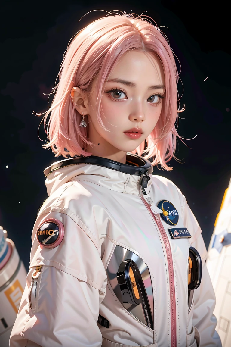 (best quality, masterpiece), 1girl, pose, particle, wind, flower, upper body, simple background, looking at viewer, pink hair, galaxy, space suit, 