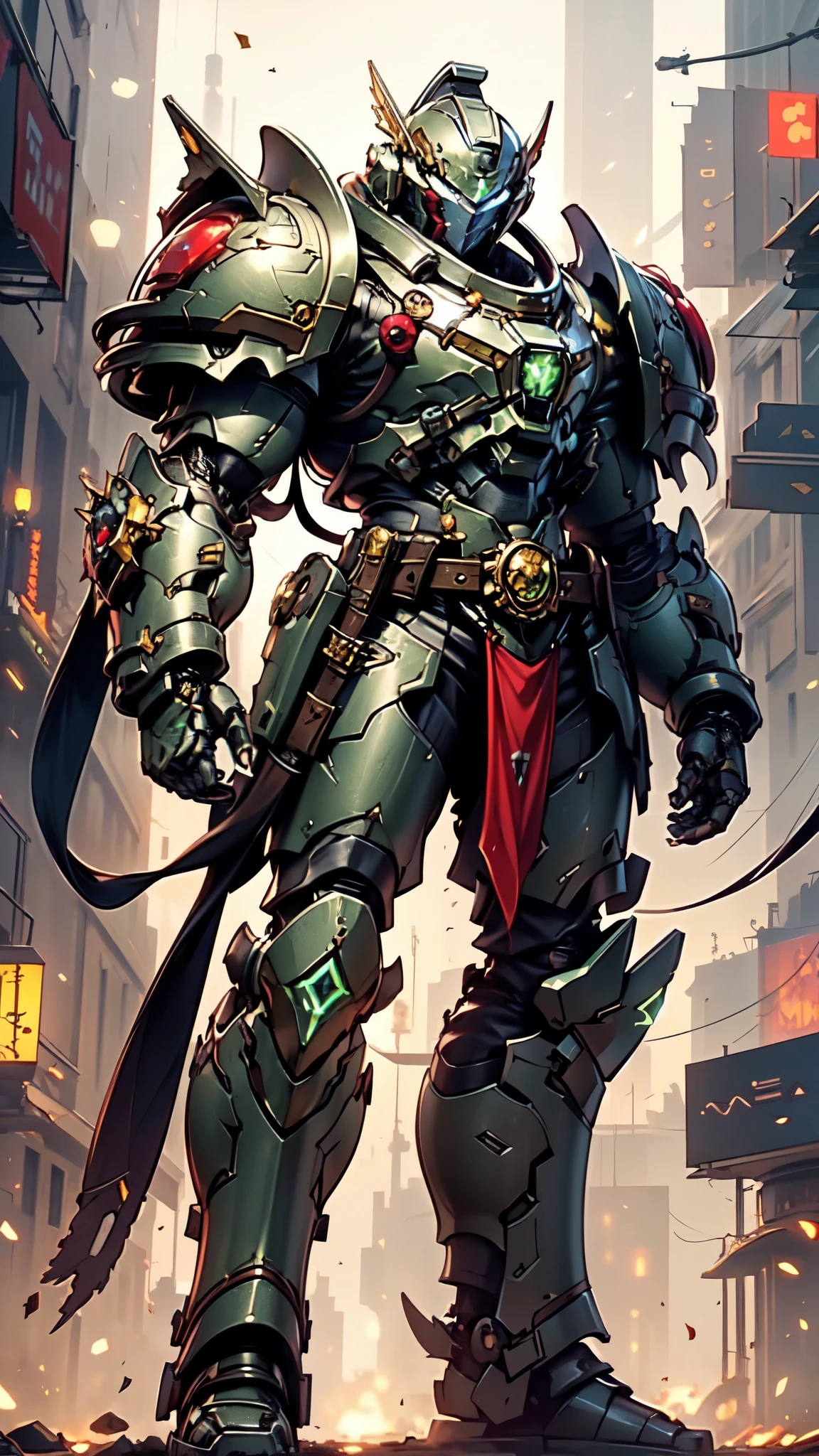 (masterpiece:1.5, best quality:1.5, extremely delicate:1.5), ((male:1.5)), a man wearing a full-face helmet, a biotech armored combat suit, green eyes, (a composite layered chest armor), fully enclosed shoulder guards, matching arm and leg guards, a belt of gemstone, (the color scheme is primarily black with green and red accents), the design balances heavy with agility, a high-tech bio-mecha armor, (Armor Concept Inspired by Space Marines, stand of a futuristic sci-fi city), this character embodies a finely crafted fantasy-style armored hero in anime style, exquisite and mature manga art style, (element, plasma, energy, the armor glows), metallic, high definition, highres, ultra-detailed, ultra-fine painting, professional, perfect body proportions, golden ratio, anatomically correct, symmetrical face, extremely detailed eyes and face, high quality eyes, creativity, RAW photo, UHD, 32k, Natural light, cinematic lighting, masterpiece-anatomy-perfect