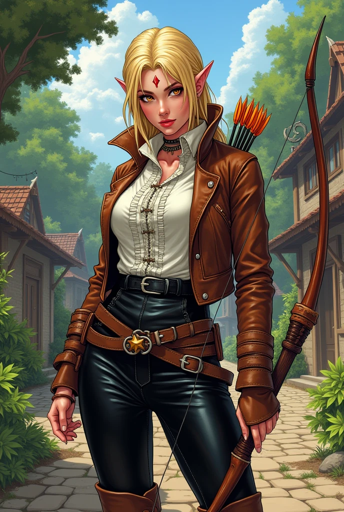 realistic comic style, (1 blonde woman), [2, Side parting, pointy ears, (red gemstone on forehead), amber eyes, stern look, Ruffled shirt with closed high collar, brown leather jacket, (Composite bow in hand), other hand on hip, black leather pants, high brown leather boots, wide belt around the hips, Quiver with seven arrows on the belt, quiet village in the forest