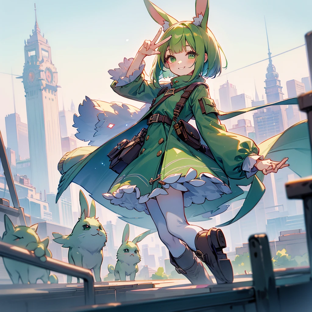 (long Green rabbit ears), green animal ears, (1 girl), green hair, green eyes, bob cut, thin eyebrows, smiling, young, alone, ****ta, childhood, child, short, overall, coat, long boots, red hood, wide pants, harness, fingerless globe, belt, waist pouch, in the city, tiny, baby face, pastel academia, cel anime, making a peace sign, cheerful grin