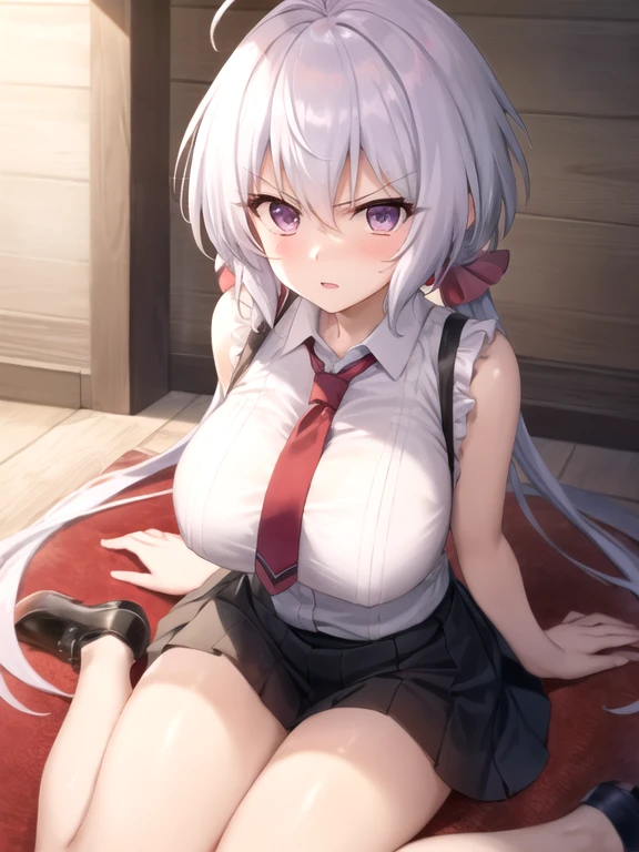 (extremely detailed CG), (best quality), perfect face, shiny skin, lustrous skin, wide hips, {from above}, {{basement, Hut}}, 1girl,solo  YukineChris, light purple hair, very long hair, low twintails, large breast, ahoge, purple eyes, twintails, white shirt, pleated skirt sleeveless, red necktie, sitting floor, {wariza}, {{angry}}