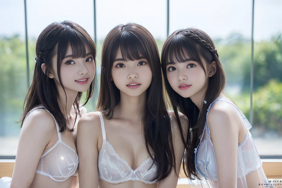 Raw photo、((3girls)),Open eyes、Three women kissing and loving each other、The same face、A dark-haired、a smile、same person、(lesbian orgy)