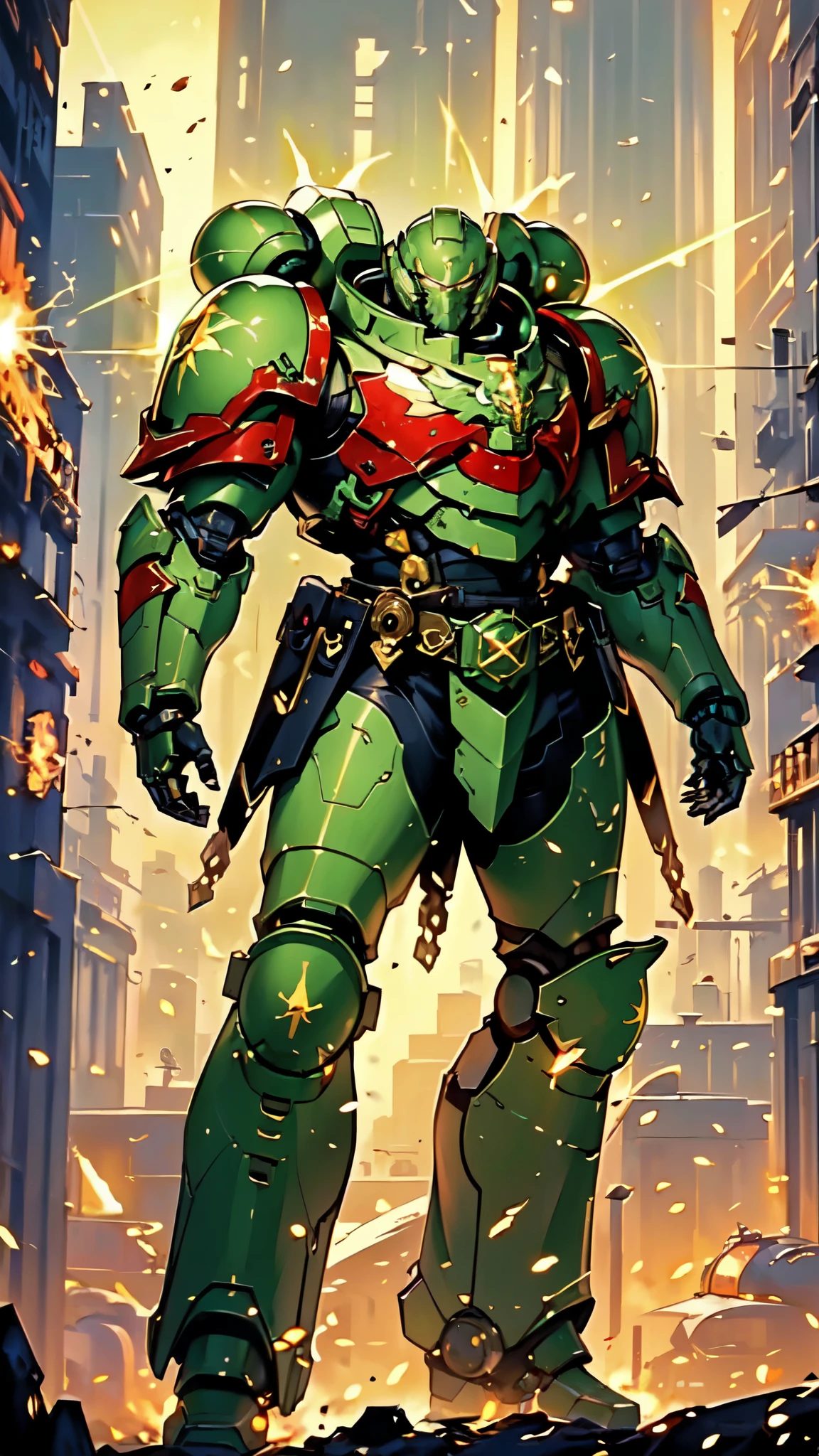 (masterpiece:1.5, best quality:1.5, extremely delicate:1.5), ((male:1.5)), a man wearing a full-face helmet, a biotech armored combat suit, green eyes, (a composite layered chest armor), fully enclosed shoulder guards, matching arm and leg guards, a belt of gemstone, (the color scheme is primarily black with green and red accents), the design balances heavy with agility, a high-tech bio-mecha armor, (Armor Concept Inspired by Space Marines, stand of a futuristic sci-fi city), this character embodies a finely crafted fantasy-style armored hero in anime style, exquisite and mature manga art style, (element, plasma, energy, the armor glows), metallic, high definition, highres, ultra-detailed, ultra-fine painting, professional, perfect body proportions, golden ratio, anatomically correct, symmetrical face, extremely detailed eyes and face, high quality eyes, creativity, RAW photo, UHD, 32k, Natural light, cinematic lighting, masterpiece-anatomy-perfect