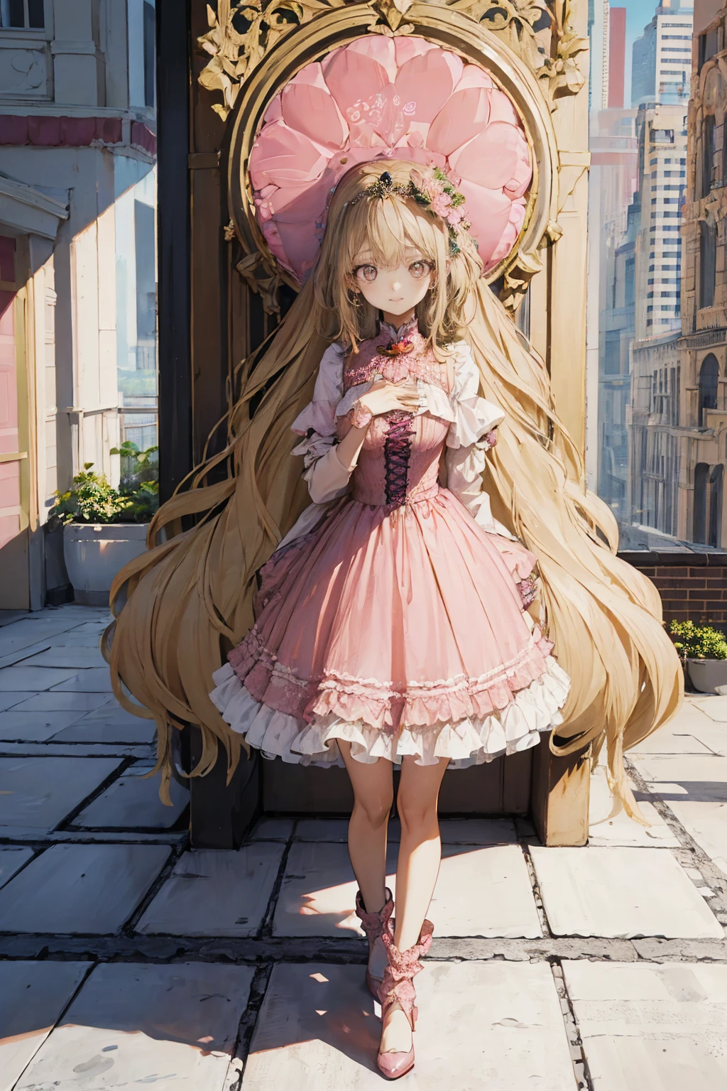 (Highest quality,4K,High resolution,masterpiece:1.2),Very detailed,Realistic:1.37,,、((Pink Dress)), Hyperrealistic photo of a girl in a majestic light pink and gold ball gown dress, Big beautiful dress, Lots of frills and rhinestones、Intricately voluminous ball gown (Highest quality, Tabletop, Art Station, Fantasy art:1.2), 美しいcute***, (Long blonde curly hair:1.1), (Intricate short gold skirt, Full Body Shot)、Anime Style、Storytelling、、Beautiful girl、とてもcute天使、Pink Gothic Dress、cute、Baby Face、smile、Long Skirt、,Black long boots、Highest quality, masterpiece, 最High resolution, artwork, super それにGet used to it, many Get used to it, Get used to it, それにGet used to it, woman, ,((Pink Victorian Voluminous Ball Gown Dress)),Long dress,A dress with lots of frills and ribbons..Wearing a tiara on her head,luxury,One person, Pink brown hair,Pink Eyes、Pink World,(A girl wearing a pink princess skirt),Pink Hair,pink bedroom layout,Pink Bed,Pink mosquito net,Pink furniture,Pink color palette,(zenTangle, Mandala, Tangle, enTangle:0.6),(Making Art),The most beautiful chaotic shapes,Beast Design,behind,Pink High Heels,Perfect hands,
