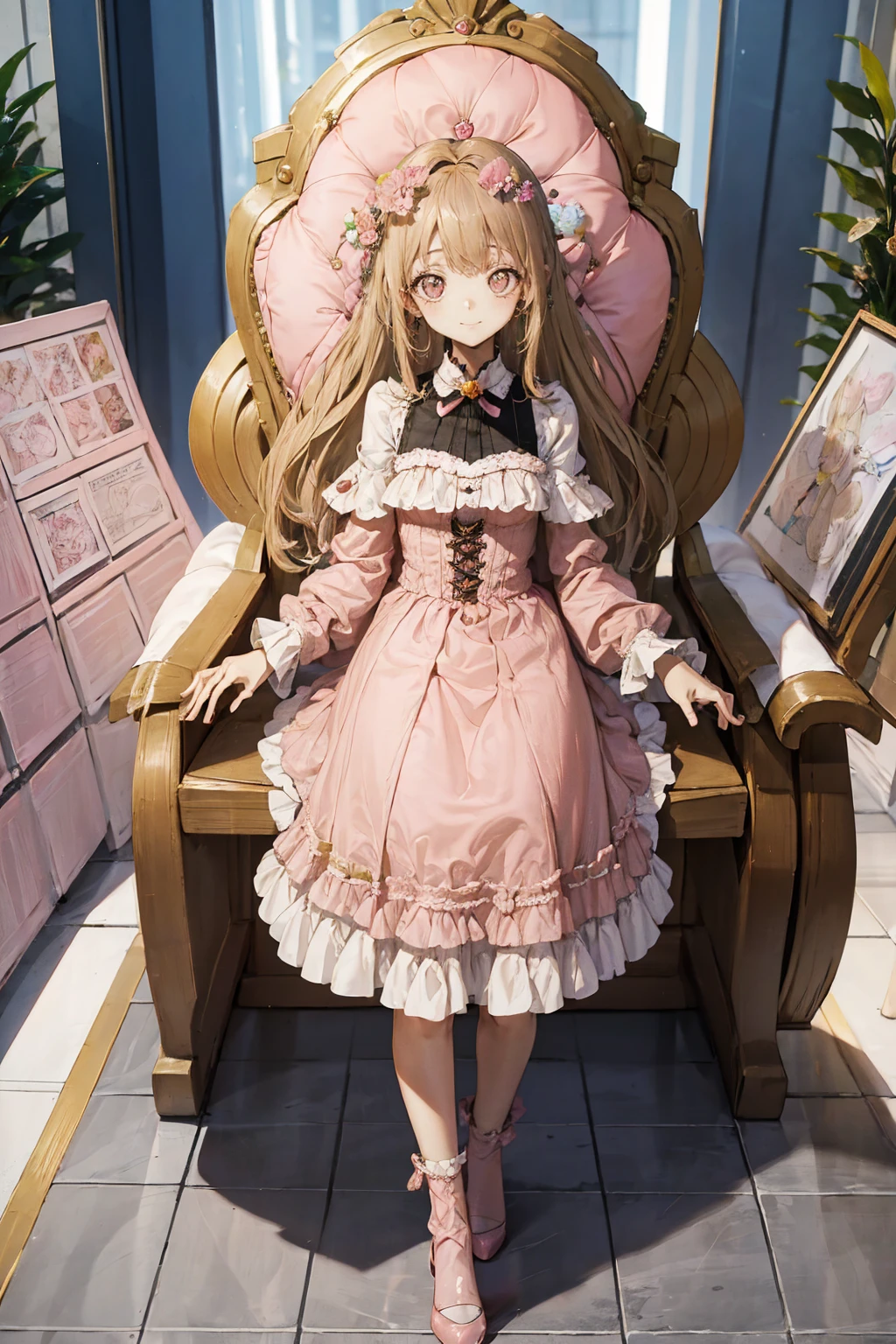 (Highest quality,4K,High resolution,masterpiece:1.2),Very detailed,Realistic:1.37,,、((Pink Dress)), Hyperrealistic photo of a girl in a majestic light pink and gold ball gown dress, Big beautiful dress, Lots of frills and rhinestones、Intricately voluminous ball gown (Highest quality, Tabletop, Art Station, Fantasy art:1.2), 美しいcute***, (Long blonde curly hair:1.1), (Intricate short gold skirt, Full Body Shot)、Anime Style、Storytelling、、Beautiful girl、とてもcute天使、Pink Gothic Dress、cute、Baby Face、smile、Long Skirt、,Black long boots、Highest quality, masterpiece, 最High resolution, artwork, super それにGet used to it, many Get used to it, Get used to it, それにGet used to it, woman, ,((Pink Victorian Voluminous Ball Gown Dress)),Long dress,A dress with lots of frills and ribbons..Wearing a tiara on her head,luxury,One person, Pink brown hair,Pink Eyes、Pink World,(A girl wearing a pink princess skirt),Pink Hair,pink bedroom layout,Pink Bed,Pink mosquito net,Pink furniture,Pink color palette,(zenTangle, Mandala, Tangle, enTangle:0.6),(Making Art),The most beautiful chaotic shapes,Beast Design,behind,Pink High Heels,Perfect hands,
