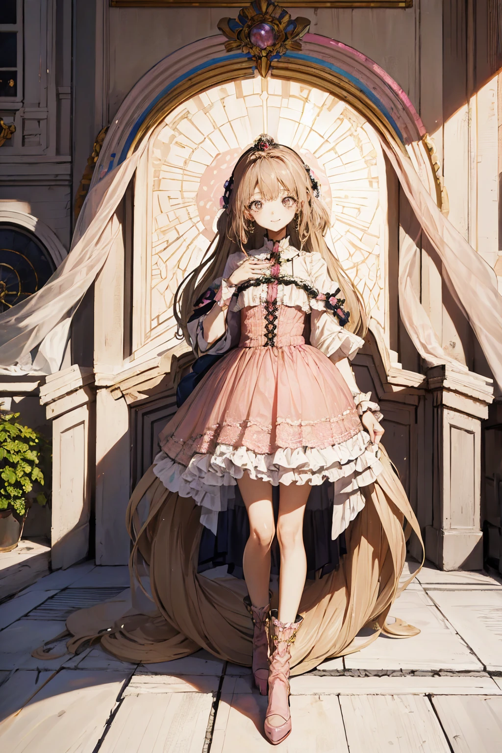 (Highest quality,4K,High resolution,masterpiece:1.2),Very detailed,Realistic:1.37,,、((Pink Dress)), Hyperrealistic photo of a girl in a majestic light pink and gold ball gown dress, Big beautiful dress, Lots of frills and rhinestones、Intricately voluminous ball gown (Highest quality, Tabletop, Art Station, Fantasy art:1.2), 美しいcute***, (Long blonde curly hair:1.1), (Intricate short gold skirt, Full Body Shot)、Anime Style、Storytelling、、Beautiful girl、とてもcute天使、Pink Gothic Dress、cute、Baby Face、smile、Long Skirt、,Black long boots、Highest quality, masterpiece, 最High resolution, artwork, super それにGet used to it, many Get used to it, Get used to it, それにGet used to it, woman, ,((Pink Victorian Voluminous Ball Gown Dress)),Long dress,A dress with lots of frills and ribbons..Wearing a tiara on her head,luxury,One person, Pink brown hair,Pink Eyes、Pink World,(A girl wearing a pink princess skirt),Pink Hair,pink bedroom layout,Pink Bed,Pink mosquito net,Pink furniture,Pink color palette,(zenTangle, Mandala, Tangle, enTangle:0.6),(Making Art),The most beautiful chaotic shapes,Beast Design,behind,Pink High Heels,Perfect hands,
