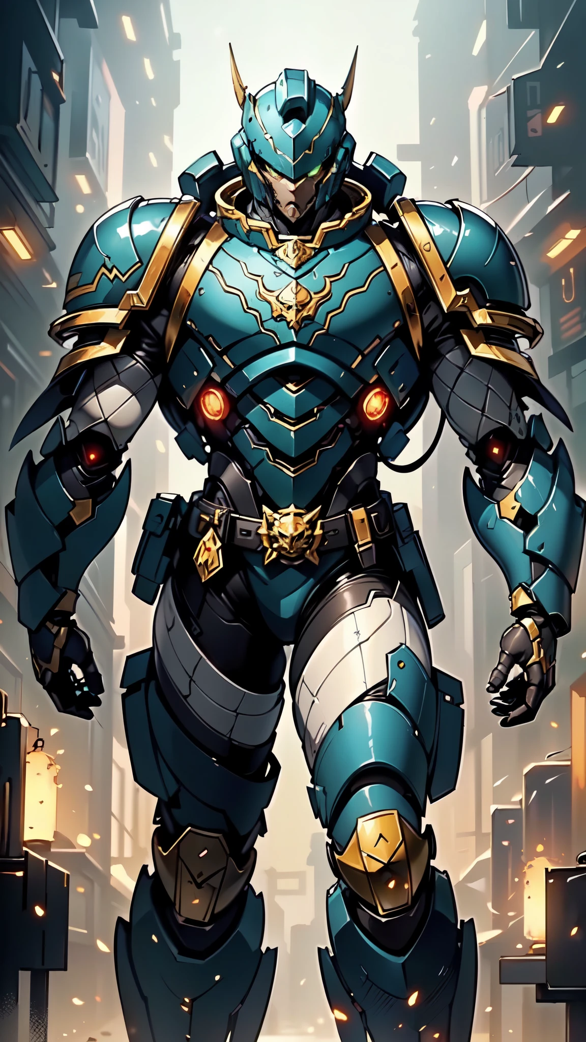 (masterpiece:1.5, best quality:1.5, extremely delicate:1.5), ((male:1.5)), a man wearing a full-face helmet, a biotech armored combat suit, green eyes, (a composite layered chest armor), fully enclosed shoulder guards, matching arm and leg guards, a belt of gemstone, (the color scheme is primarily black with green and red accents), the design balances heavy with agility, a high-tech bio-mecha armor, (Armor Concept Inspired by Space Marines, stand of a futuristic sci-fi city), this character embodies a finely crafted fantasy-style armored hero in anime style, exquisite and mature manga art style, (element, plasma, energy, the armor glows), metallic, high definition, highres, ultra-detailed, ultra-fine painting, professional, perfect body proportions, golden ratio, anatomically correct, symmetrical face, extremely detailed eyes and face, high quality eyes, creativity, RAW photo, UHD, 32k, Natural light, cinematic lighting, masterpiece-anatomy-perfect