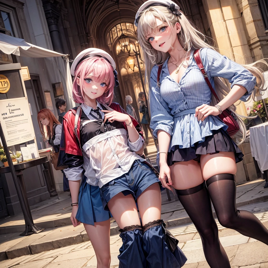 Two women are walking side by side at the station wearing navy blue maid outfits., alone, skirt, panties, underwear, (shiny light blue satin panties:1.3)、(shiny light pink satin panties:1.3)、横紐レースpanties that cover the butt、Liar, Thighhighs,garter belt, 風でskirtがめくれている , think back, realistic,Angle from the back, Two-dimensional beautiful girl