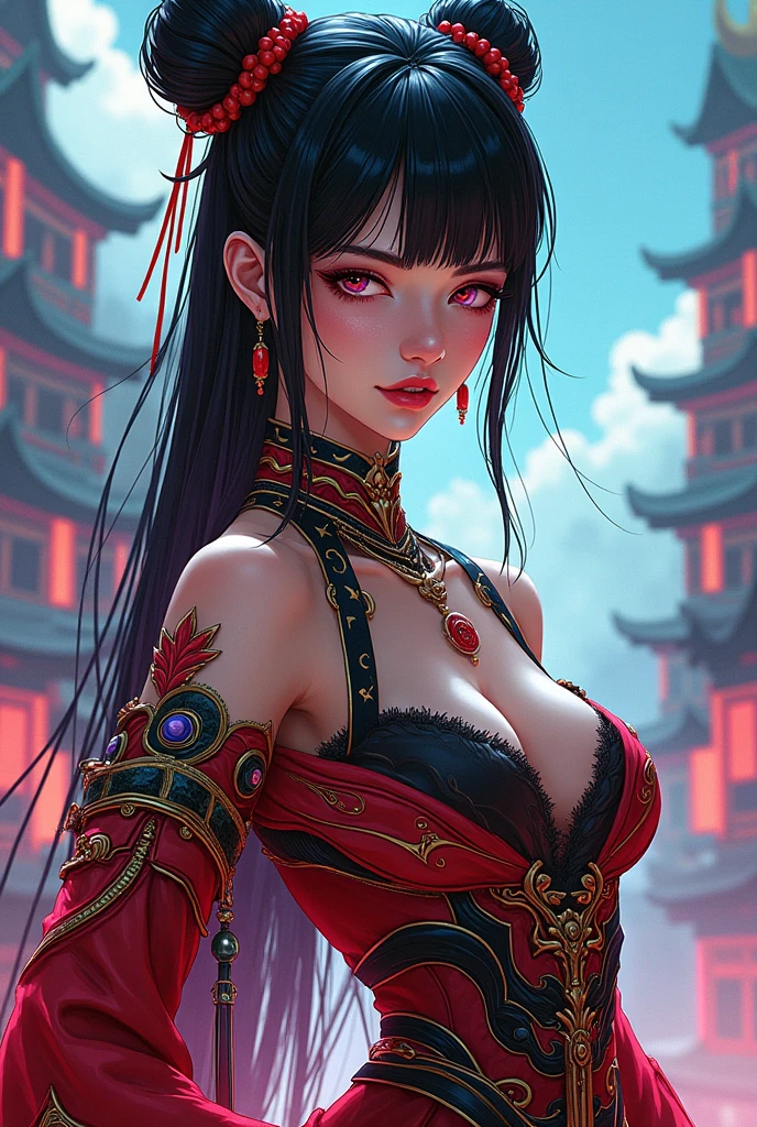 Game cover art:1.5), (masterpiece:1.2), (best quality:1.2), highest quality, absurdres, 8k wallpaper, HDR, elaborate features, beautiful intricate eyes, ray tracing, perfect face, octane render, tits,, sexy lips,
(gigantic and massive tits:1.1), breasts, official illustration, illustration, detailed face, titsnipples, butt, booty,1 girl, solo, cyberhanfu, long sleeves, chinese_clothes, in red and black, cyberpunk city, dynamic pose, Headdress, hair ornament, long hair, cyberpunk, a high-tech city, full of machinery and futuristic element, futurism, technology