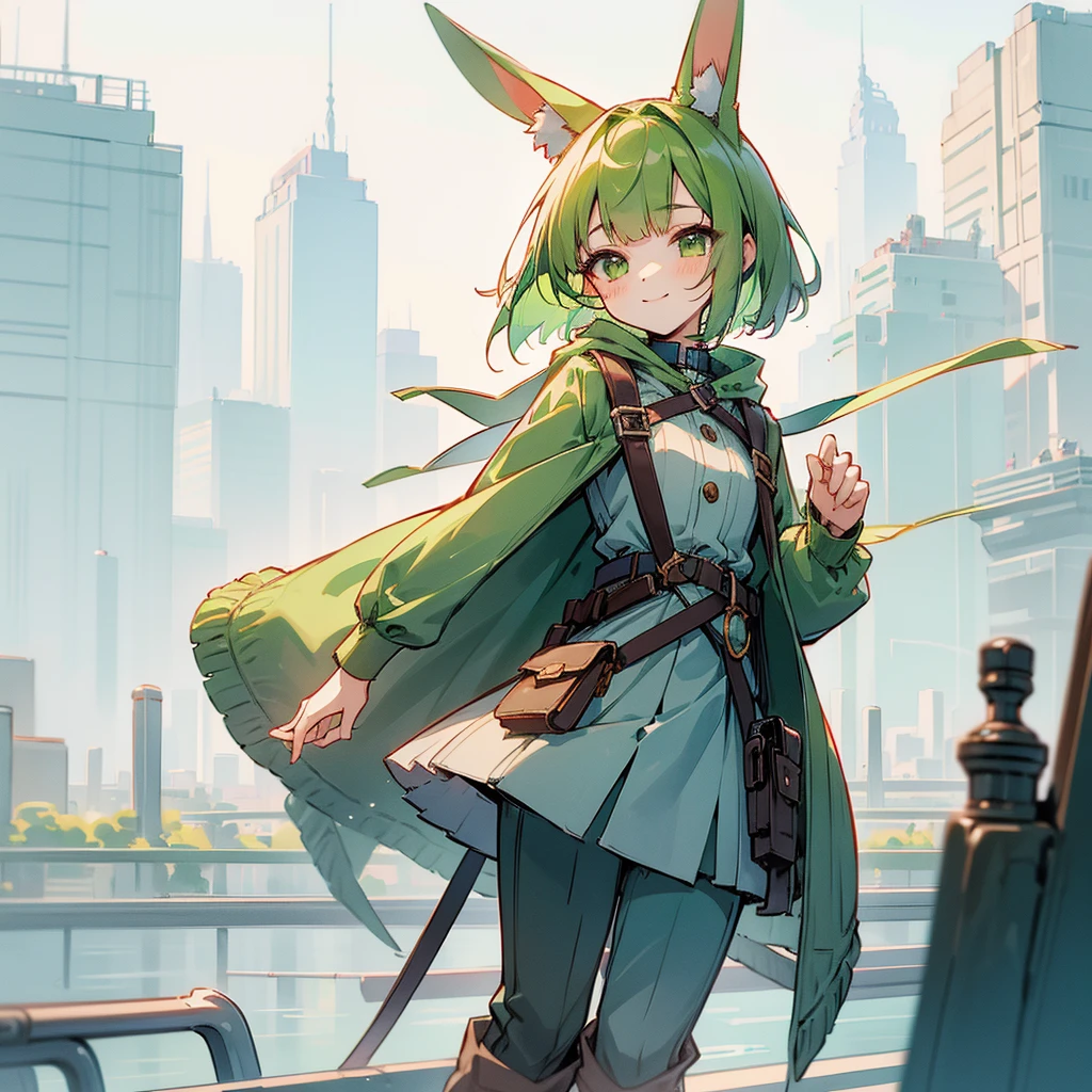 (long Green rabbit ears), green animal ears, (1 girl), green hair, green eyes, bob cut, thin eyebrows, smiling, young, alone, ****ta, childhood, child, short, overall, coat, long boots, red hood, wide pants, harness, fingerless globe, belt, waist pouch, in the city, tiny, baby face, pastel academia, cel anime, upper body, half body photo足をフレーム外へ, 足をフレーム外へ, 