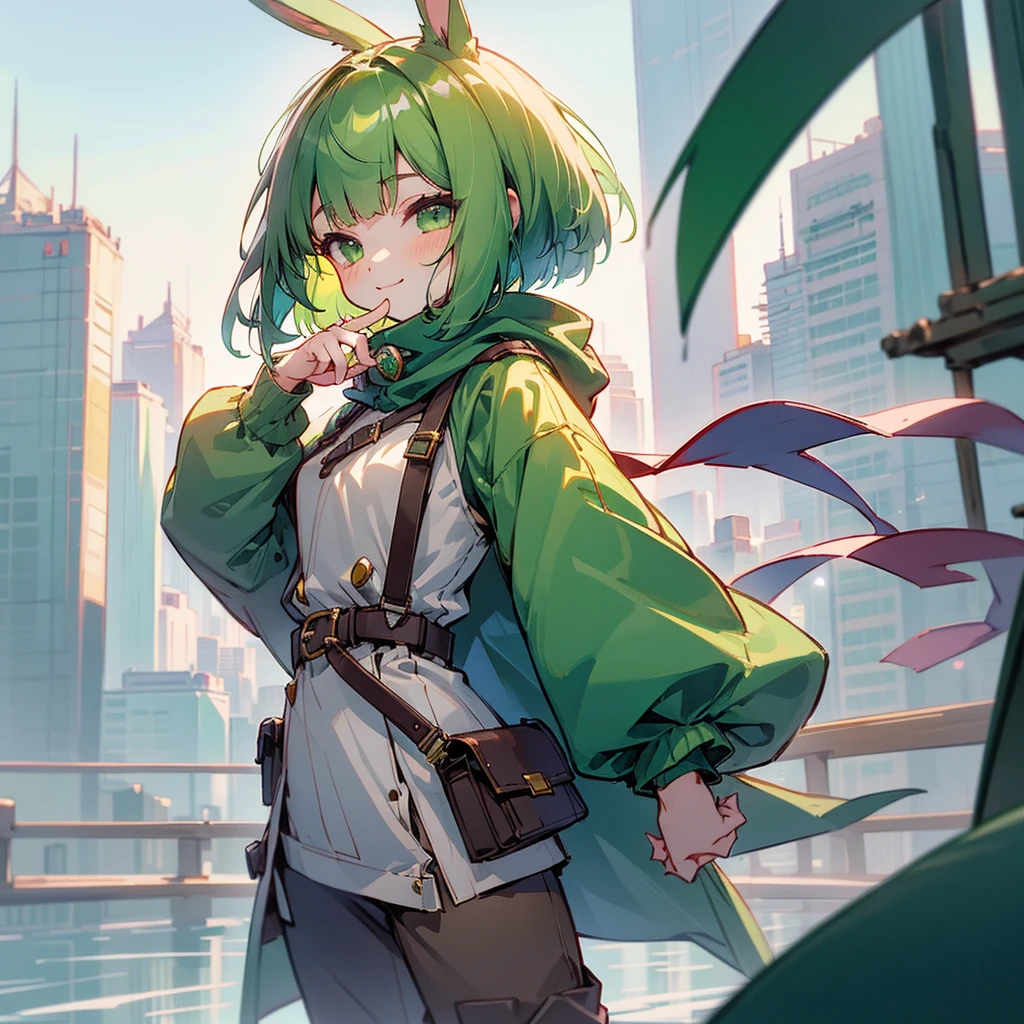 (long Green rabbit ears), green animal ears, (1 girl), green hair, green eyes, bob cut, thin eyebrows, smiling, young, alone, ****ta, childhood, child, short, overall, coat, long boots, red hood, wide pants, harness, fingerless globe, belt, waist pouch, in the city, tiny, baby face, pastel academia, cel anime, upper body, half body photo足をフレーム外へ, 足をフレーム外へ, 