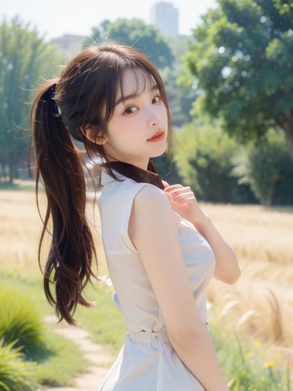 (masterpiece:1.4),, (best quality:1.4),, ultra-high res,, 8K, CG,, (extremely delicate and beautiful:1.2),, , upper body,, from side,, looking at viewer,, , 1girl,, solo,, fashi-girl,, mature girl,, , cute, sweet,, , in the wheat field,, blurry background,, , long brown hair,, ponytail hair,, , brown eyes,, closed mouth,, red lips,, , face brushed by the wind,, , white dress,, medium breasts,