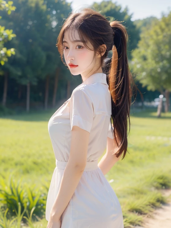 (masterpiece:1.4),, (best quality:1.4),, ultra-high res,, 8K, CG,, (extremely delicate and beautiful:1.2),, , upper body,, from side,, looking at viewer,, , 1girl,, solo,, fashi-girl,, mature girl,, , cute, sweet,, , in the wheat field,, blurry background,, , long brown hair,, ponytail hair,, , brown eyes,, closed mouth,, red lips,, , face brushed by the wind,, , white dress,, medium breasts,