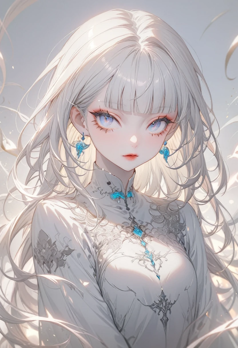 (Highest quality,Very detailed,High resolution:1.2),Albino beauty，Heavy bangs，Blue Eyes，Long eyelashes, Cool look, Soft Skin,