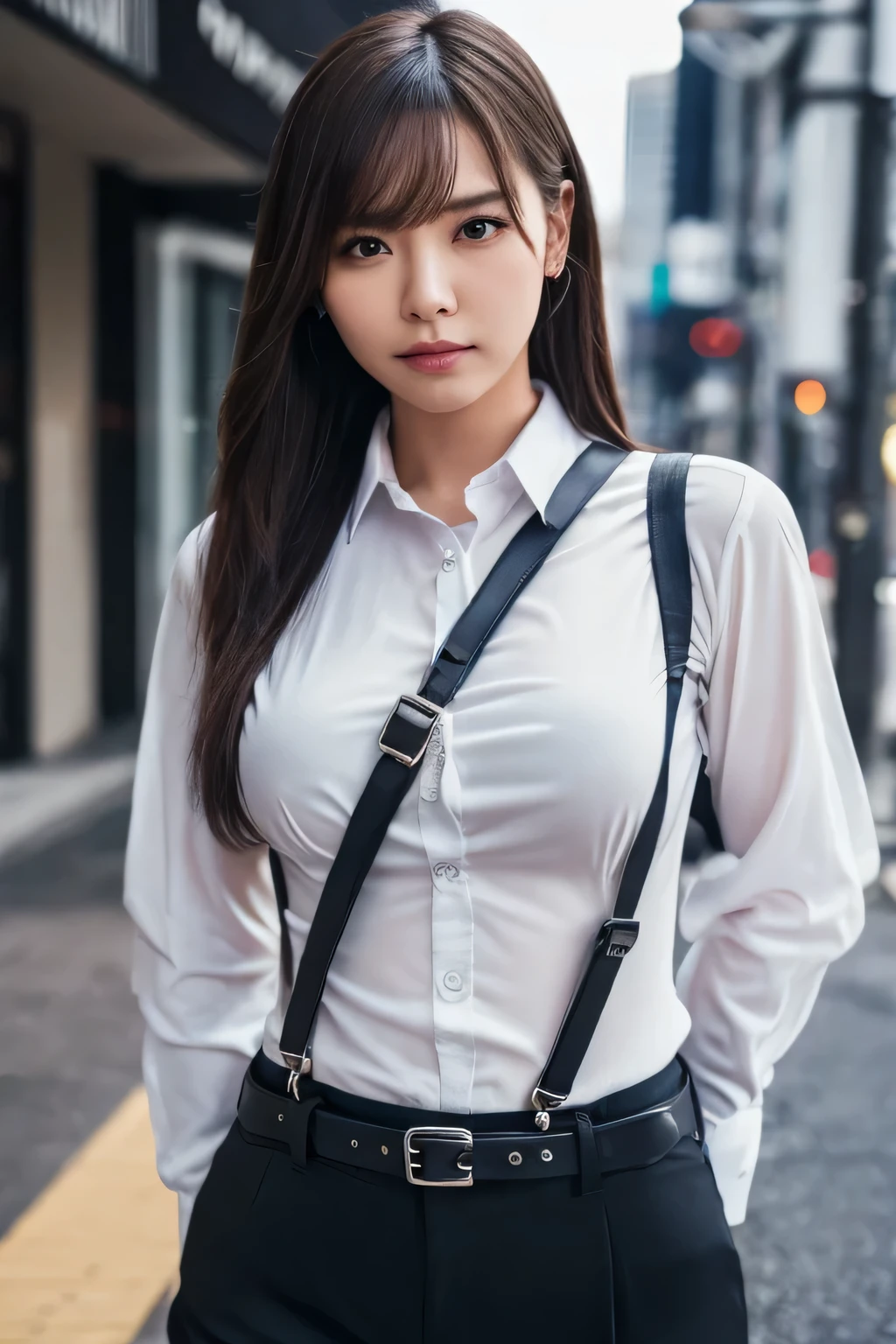 a woman in a suit, belt, hands behind back, sweating, suspenders, black pants, sexly, large breasts, see-through clothing, rain, detective, office worker, white button-up shirt, (best quality,4K,8k,highres,masterpiece:1.2),ultra-detailed,(realistic,photorealistic,photo-realistic:1.37),hyper-detailed,highly detailed face and body, Slender　thin　suspenders　Moderate breasts　See-through shirt　Nipples　holster　chain　Pistol　Armament　criminal　Female criminal　knife 　 Hands Behind Back　Constraints
