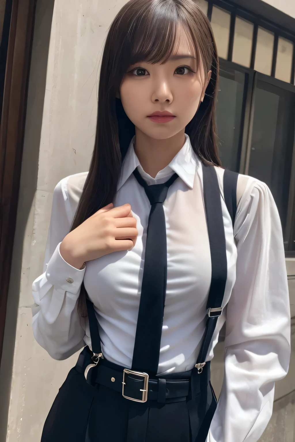 a woman in a suit, belt, hands behind back, sweating, suspenders, black pants, sexly, large breasts, see-through clothing, rain, detective, office worker, white button-up shirt, (best quality,4K,8k,highres,masterpiece:1.2),ultra-detailed,(realistic,photorealistic,photo-realistic:1.37),hyper-detailed,highly detailed face and body, Slender thin suspenders Moderate breasts See-through shirt Nipples holster chain Pistol Armament criminal Female criminal knife Hands Behind Back Constraints