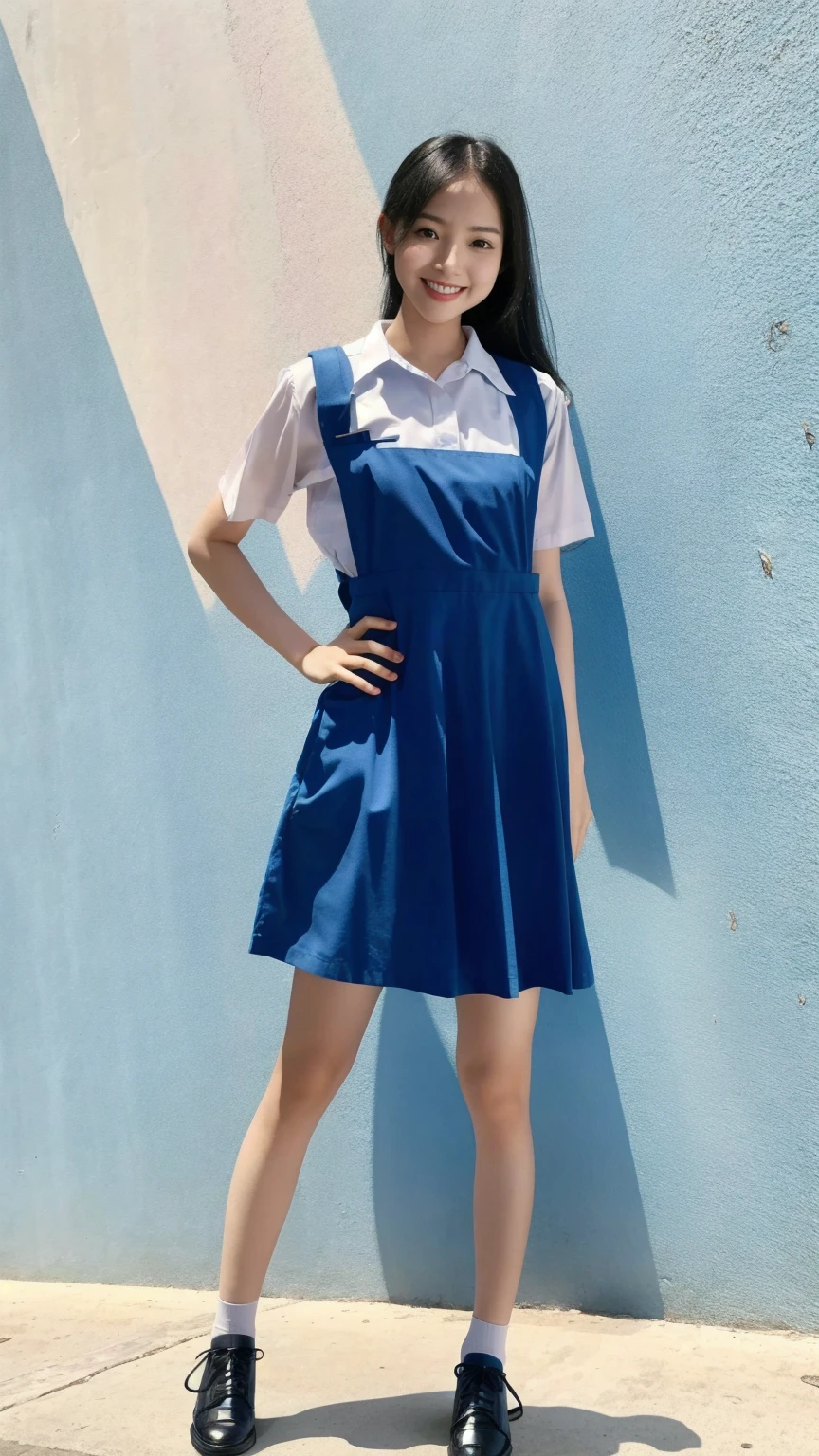 Woman standing by the lake、Beauty、Uniform eyes、20 years old、university student、(((She is wearing a long navy blue dress)))、(((Wearing white panties)))、Wearing pumps、Smiling、Hands in front、Well-balanced proportions、Medium build、Small Bust、Viewer&#39;s gaze: Looking at the whole body from the front、, black hair, bangs, long hair, messy hair, light smile, Surrealism, cinematic lighting, tachi-e, first-person view, pov, f/1.2, Nikon, UHD, best quality, highres, 8k