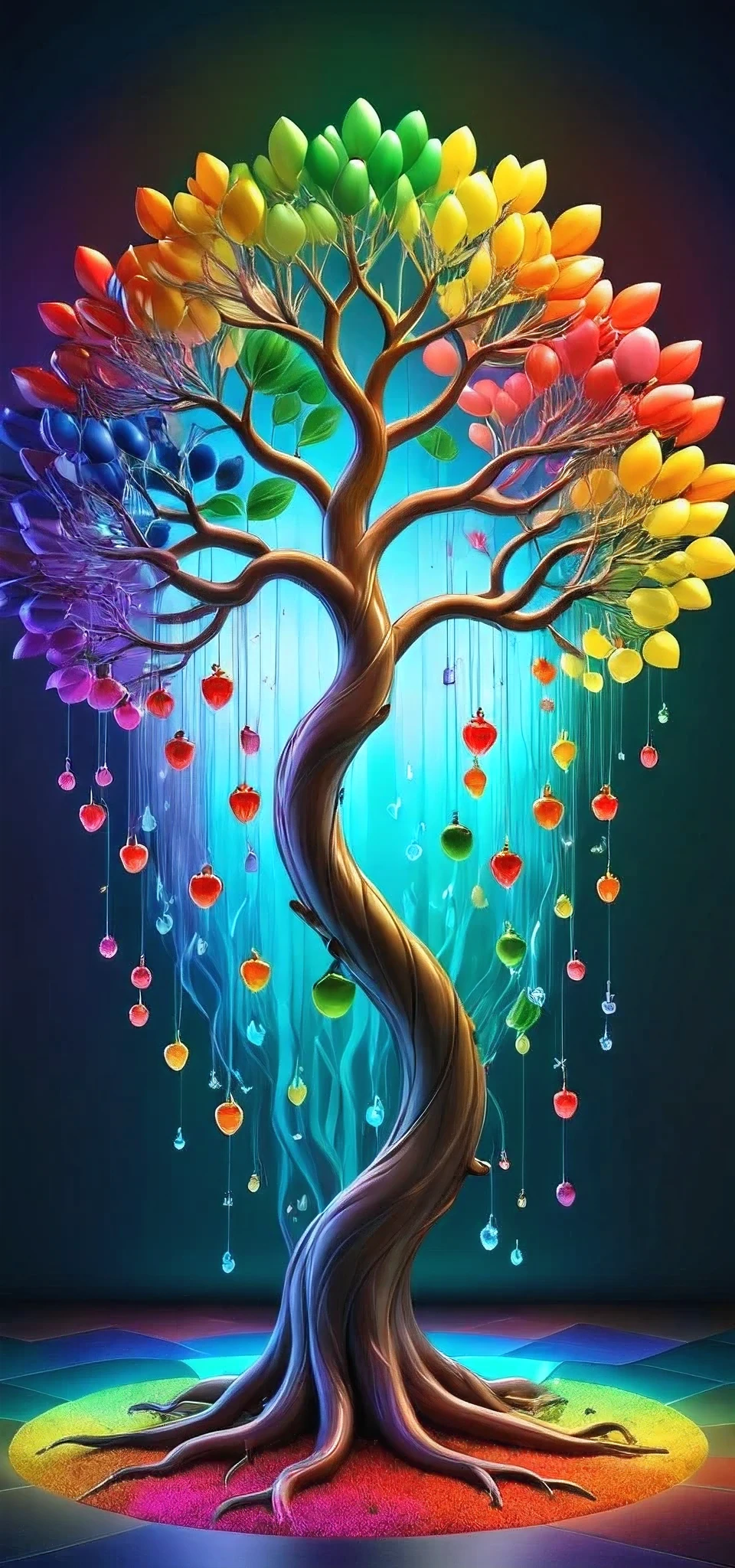 Amoled OLED ultra HD stained glass style，(A mythical colorful rainbow ginseng fruit tree with many transparent doll-shaped fruits hanging on its branches, rainbow colors)，Plants covered in rainbow liquid, Cute 3d rendering, Rendered in Cinema 4D Octane, blender art, Cinema 4D color rendering, Very detailed happy photos, Render in Cinema4D, 4D cinema rendering, Colorful octane rendering, 3d illustrations, 3d illustrations, stylized as a 3d render . A vibrant, The beautiful, semi transparent, iintricate, Detailed pubic hair